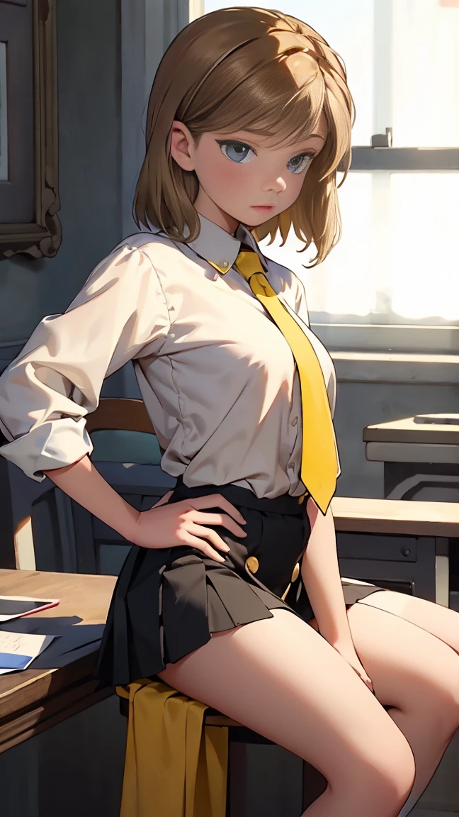 Highest quality, Soft Light, Ultra-high resolution,People Girls, alone, sexy, (A shy smile), (Yellow Eyes), Beautiful face in every detail,(High resolution detail of human skin texture), (Medium Hair),tie,Dress shirt,Short pleated skirt,panties,（Sweat:1.2）,（masterpiece:1.3）,（Realistic:1.2）,（Open your mouth:1.1）,Put your hands on the table and turn your back