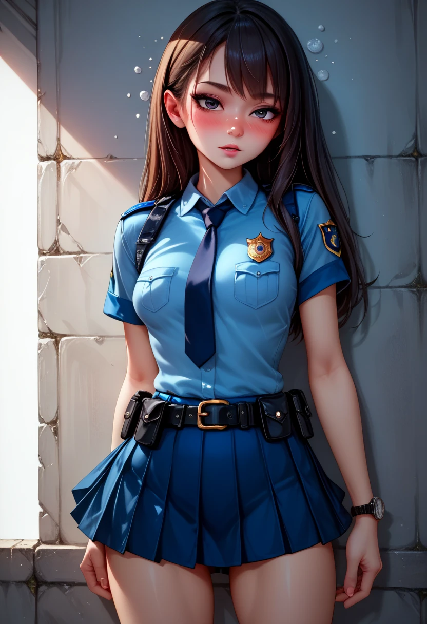    High resolution image ,   top quality,(( one beautiful Japanese schoolgirl standing in front of a wall:1.5)),(( slender body:1.2)),((Blushed face:1.0)),real skin ,small breasts,   shiny hair  ,  Super Detailed Black Eyes  ,   simple background,(( Equipped Police Belt :1.2)),((View watch)),(( shot from the front:1.2)),8k,((Face the front:1.2)),(Drunk:1.6)),((short police skirt:1.2)),((short sleeve police shirt )),Captivating thighs,(( Unmanned White Background :1.2)),(((Lower your arms:0.5)))