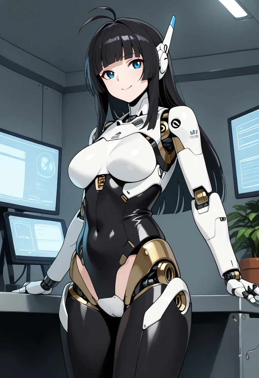 masterpiece, best quality, extremely detailed, (8K, 4K, Best Quality, hight resolution, 超A high resolution:1.1), ,8k portrait, Japaese android Girl,Plump , dark black leg cover,announcer,control panels,android,Droid,Mechanical Hand, Robot arms and legs, Black Robot Parts,Black long hair,Mechanical body,Blunt bangs,perfect mechanical abdomen,White robotics parts,perfect robot woman,future laboratory,cyber pank,charging spot,laboratory,long tube,thick cable connected her neck,white ceramic body ,perfect mechanical body, white robot body,lod antenna,mechanical ear cover,android,robot humanoid,black sponge joints,The removable cover is in the groin,The connection port is in the groin,opened chest panel,access panel on the chest,opened breast panel,perfect mechanical breast,perfect black machine body,perfect black android body,She has repaired,assembly plant,dark black tights,dark black leggings,smile,pussy