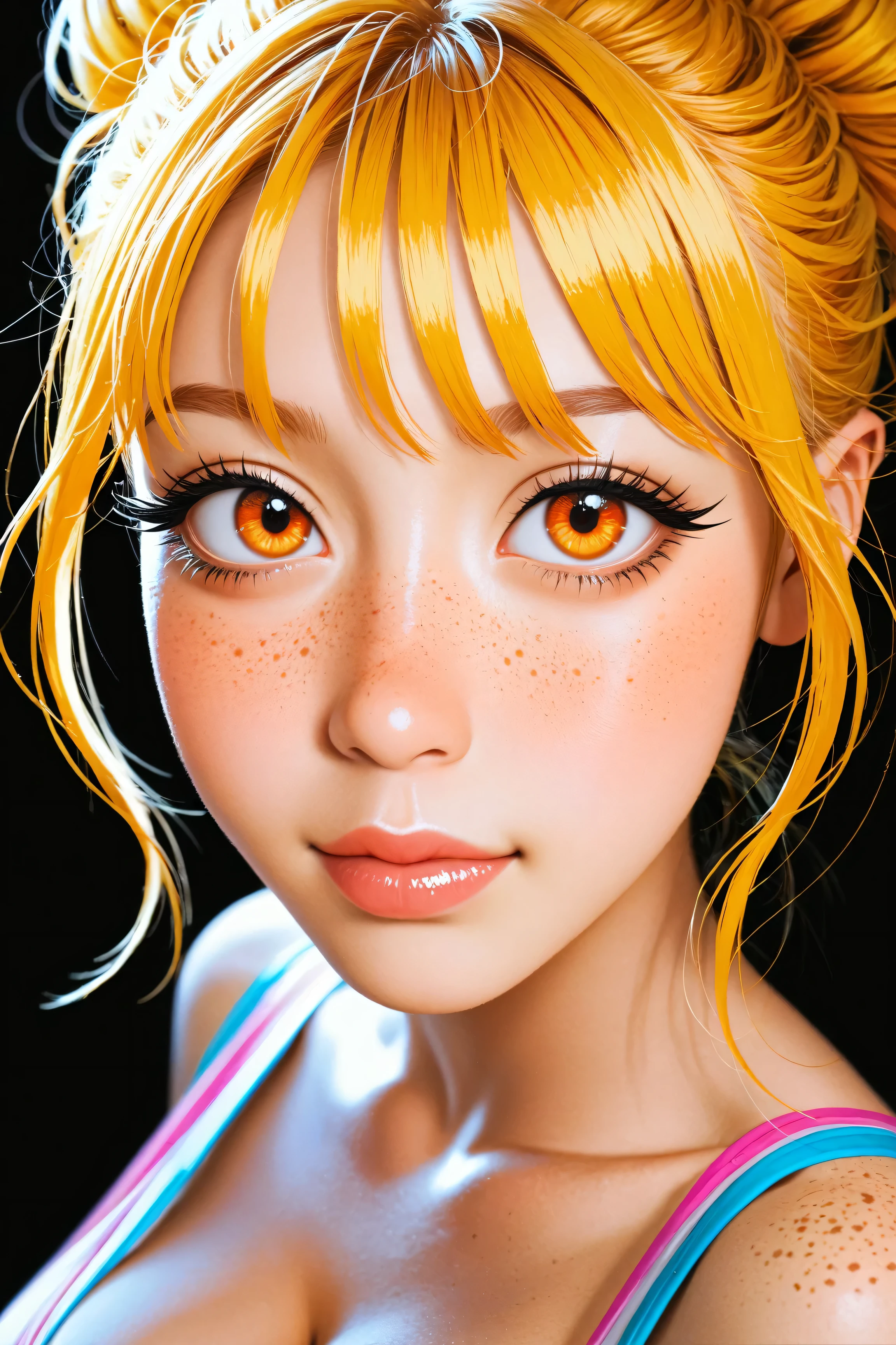 asian teen, yellow hair, orange eyes, freckles, very beautiful face, young, kawaii, realistic photo, high quality, perfect anatomy, cool beauty, long eyelashes, 8K, best quality, masterpiece、high resolution, very cute and beautiful, ultra-detailed face, detailed eyes, soft lighting, large breasts, cleavage, colorful sparkling fashion, kpop superstar, manga, anime, hyperreal, ultra detailed, 16k, black background, 