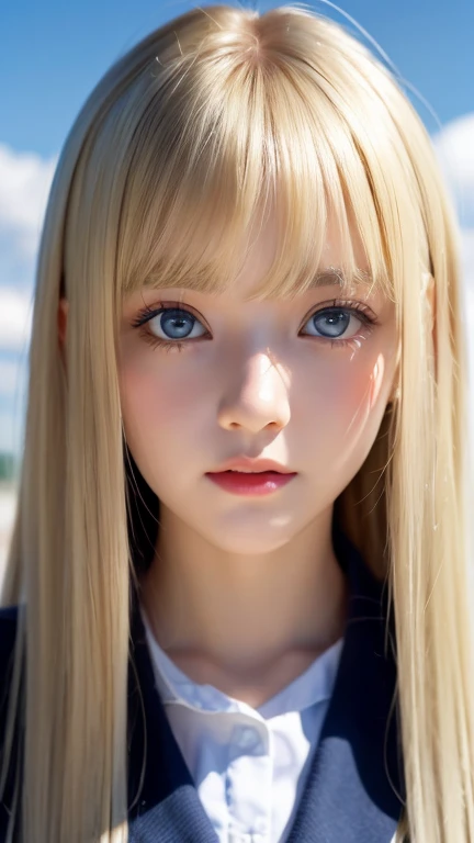  portrait、( school uniform )、young, shiny, very white, bright glossy skin、The best  looks、Bite your hair、、Blonde reflection、 natural platinum blonde hair with dazzling highlights 、 shiny bright hair ,、 Smooth, Super Long, Super Long Straight Hair 、Shiny, beautiful bangs、Bangs between the eyes、 bangs over eyes 、Bangs above the face、 big bright sky blue eyes that are shining, clear, extremely vivid、 Very Big Eyes 、very beautiful lovely cute  girl 、Ample Bust、With slit、((I could see the whole body))、Small Face Beauty、Round face、 cheek gloss highlights、