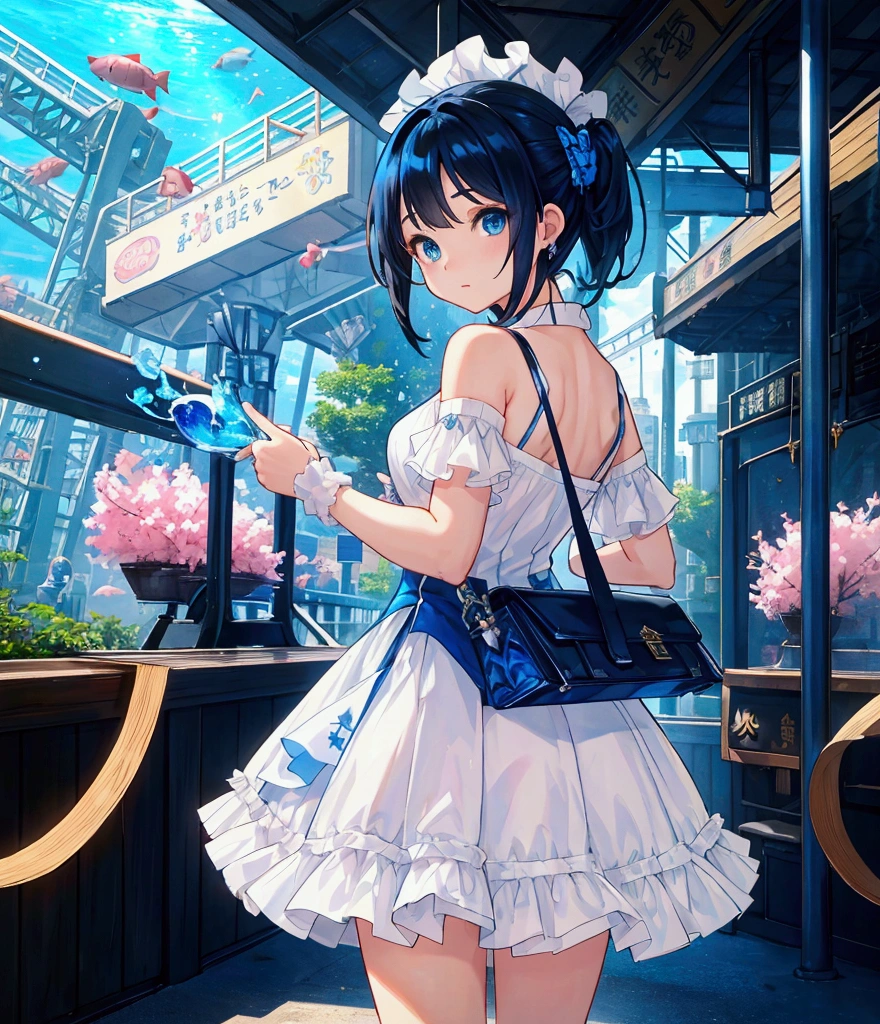 Like a game cover、background（aquarium、amusement park、Modern cityscape、Date Scene、blue and black contrast）、 pose（ looking back）、 character（Tree Eyes,Sparkling blue eyes）、Hairstyle（ medium hair ,  black and blue hair、 medium hair ,）、clothing（  White and Light Blue Ruffled Dress）、item（pink pouch）、scene（whole body）