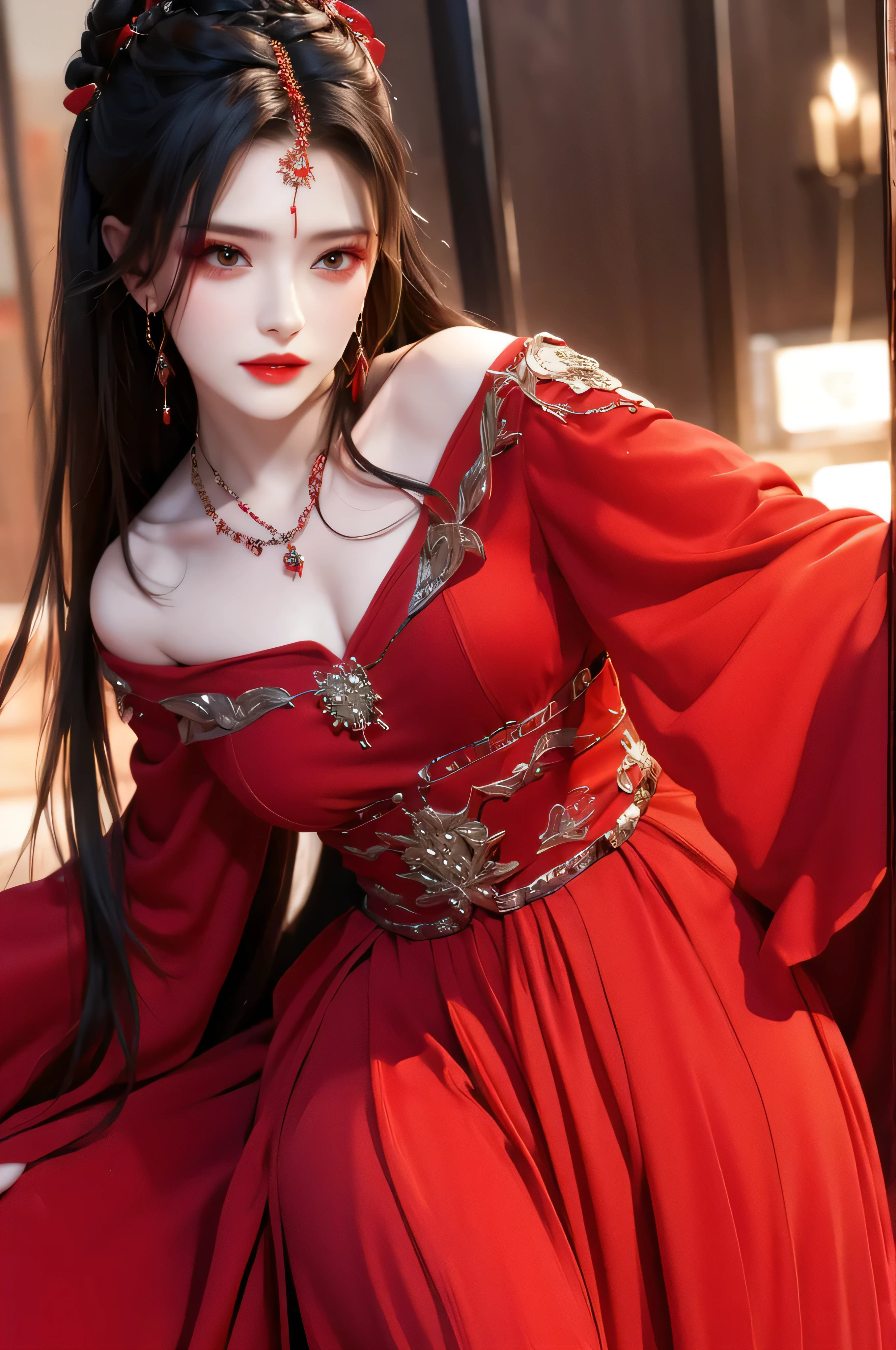 best quality, masterpiece, highres, official art, extremely detailed cg unity 8k wallpaper, jiapliqiao, 1girl, long hair, 1girl, jewelry, solo, earrings, red lips, hair ornament, makeup, realistic, red dress, necklace, (((full body))), ((sinister smile)), ((dancing)), her back is to the audience