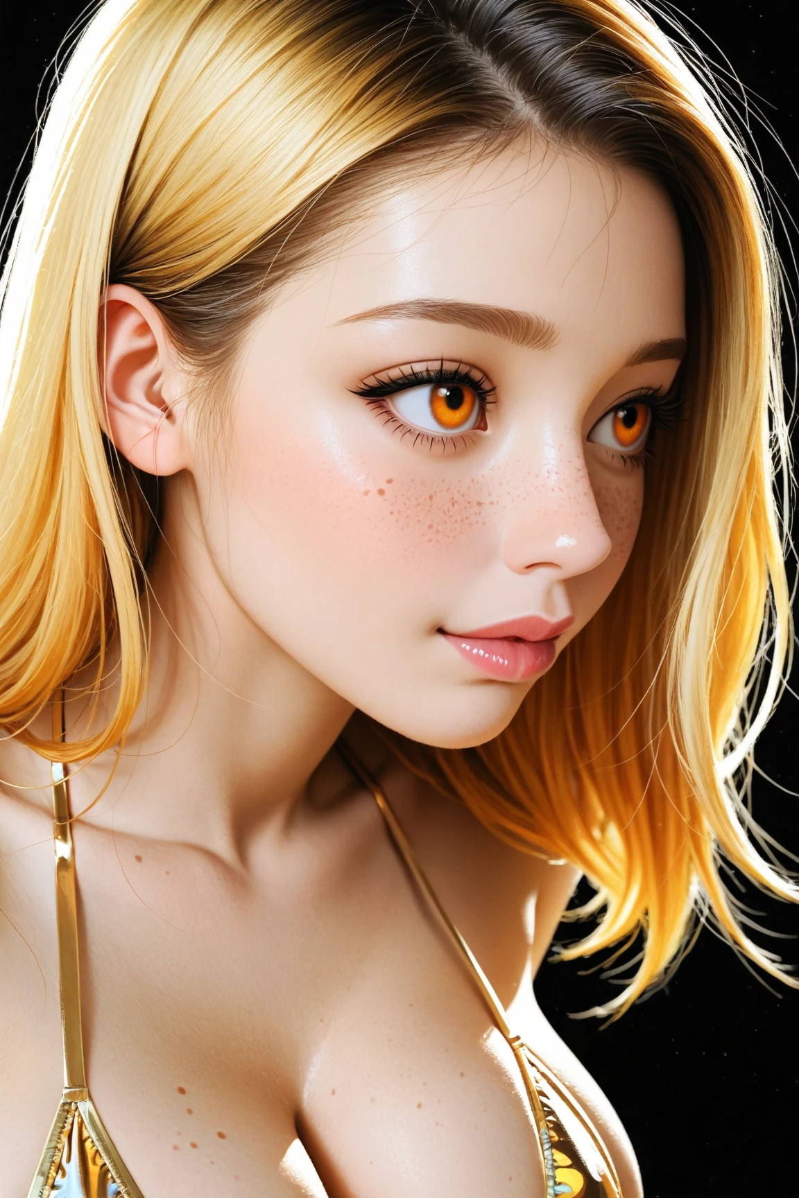 asian teen, yellow hair, orange eyes, freckles, very beautiful face, young, kawaii, realistic photo, high quality, perfect anatomy, cool beauty, long eyelashes, 8K, best quality, masterpiece、high resolution, very cute and beautiful, ultra-detailed face, detailed eyes, soft lighting, large breasts, cleavage, gold sequin micro bikini top, kpop superstar, manga, anime, hyperreal, ultra detailed, 16k, black background, 