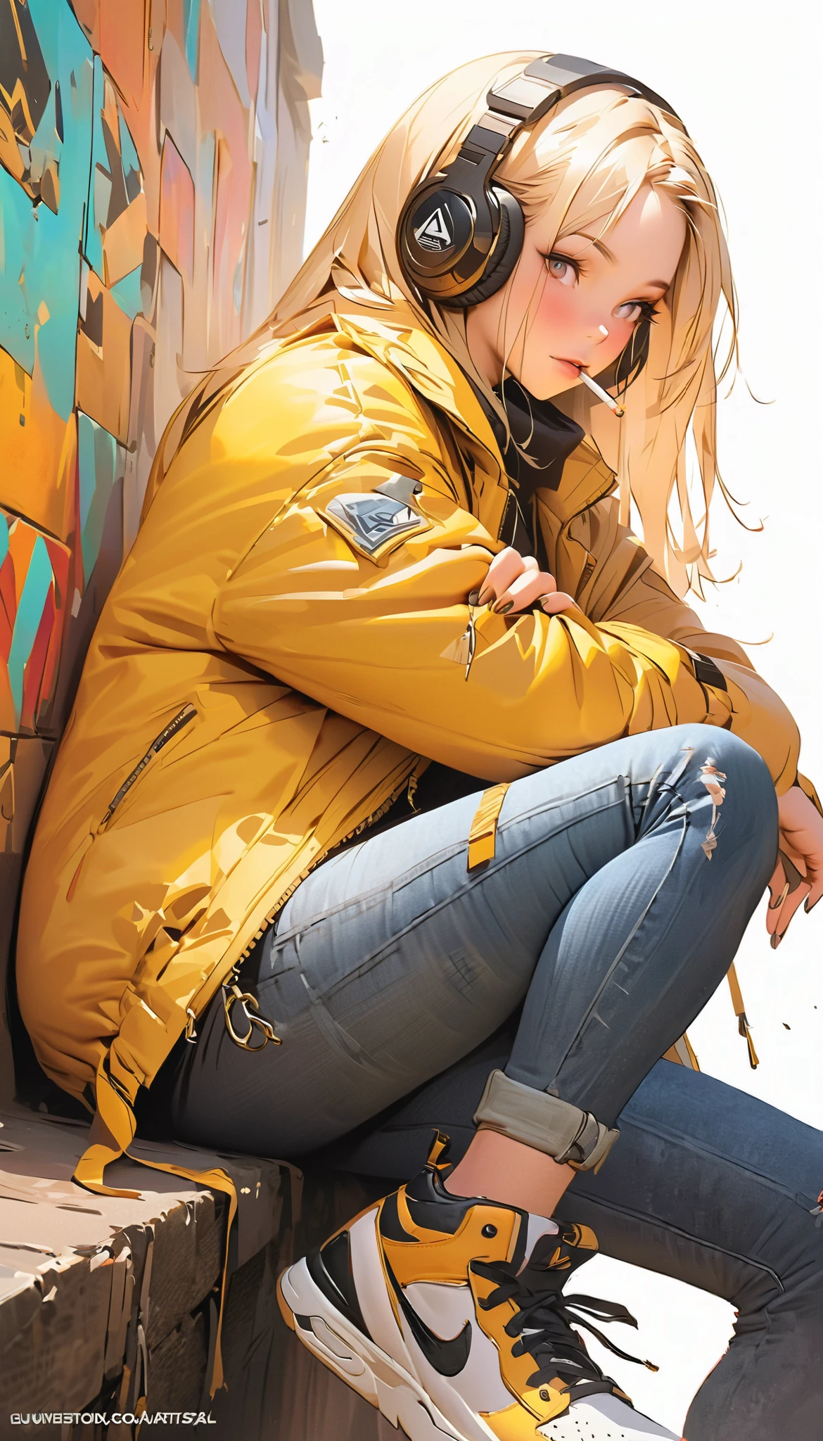   painting of a woman sitting on a wall smoking a cigarette  ,   wearing headphones this one with the feet resting on the headset with the legs crossed,  sneakers ,   yellow coat jacket with geometric patterns  ,   falls on the shoulders  ,   rolled jeans  ,   the lower part of the wall is peeled with cyan colors  ,   blue yellow and orange   ,  black sweatshirt with inscriptions  ,  Look slightly down  ,   with one hand on the cigarette  ,   straight hair with a stripe in the middle  ,  Shiny hair ,   cyberpunk art inspired by Yanjun Cheng  ,   trend in artstation  , street art,   artwork in the style of Guweiz  , guweiz, guweiz&#39;s Masterpiece , guweiz on ArtStation Pixiv, Cyberpunk streetwear, trending on cgstation, guweiz on pixiv artstation, Style Ross Tran, negativeXL_D