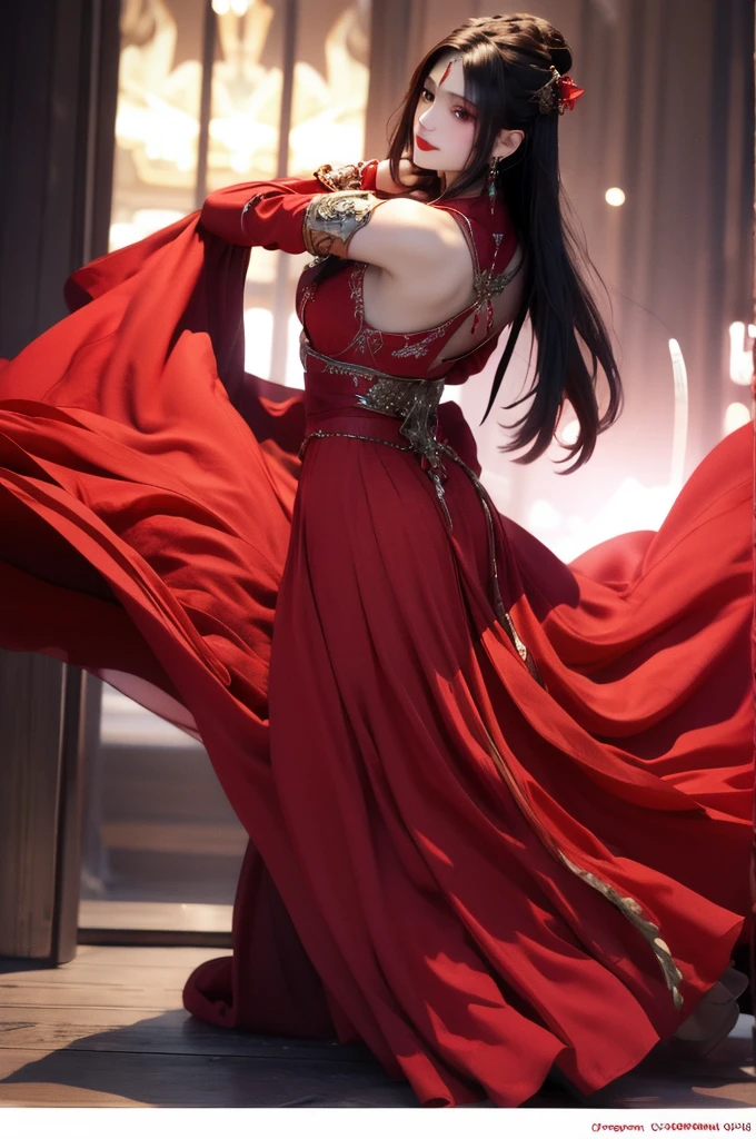 best quality, masterpiece, highres, official art, extremely detailed cg unity 8k wallpaper, jiapliqiao, 1girl, long hair, 1girl, jewelry, solo, earrings, red lips, hair ornament, makeup, realistic, red dress, necklace, (((full body))), ((sinister smile)), ((dancing)), her back is to the audience