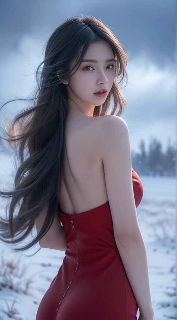  realistic detailed photo of a giant breasted girl with exposed shoulders,  detailed fingers , High Quality Skin ,  red eyes,  alone in a cloudy winter landscape, ,  and flowing hair , ( best quality,4K,8k, high resolution,masterpiece:1.2), super detailed ,( realistic,photo realistic,photo- realistic:1.37), studio lighting , bright colors 