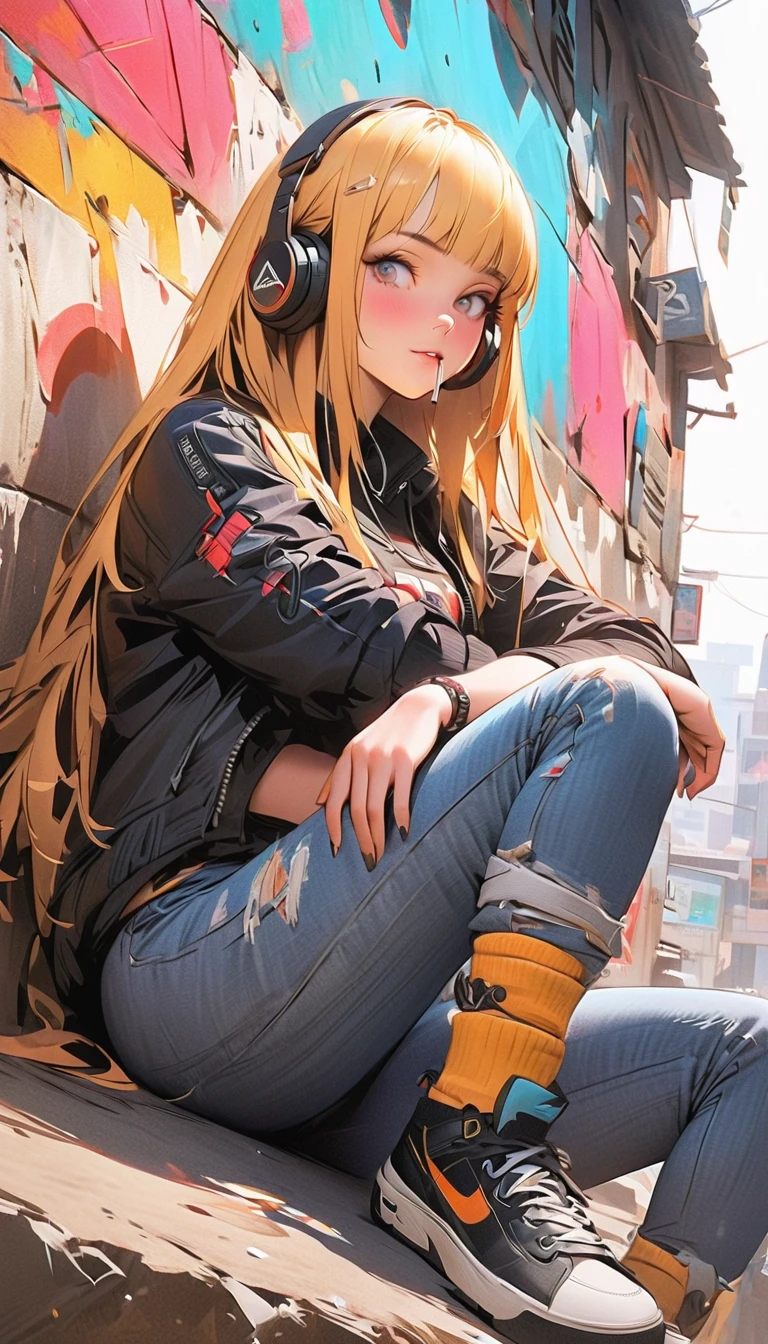 painting of a woman sitting on a wall ,  wearing headphones this one with the feet resting on the headset with the legs crossed, sneakers ,  yellow coat jacket with geometric patterns  ,  falls on the shoulders  ,  rolled jeans  ,  the lower part of the wall is peeled with cyan colors  ,  blue yellow and orange  ,  black sweatshirt with inscriptions  ,  Look slightly down  ,  with one hand on the cigarette  ,  straight hair with a stripe in the middle  ,  Shiny hair ,  cyberpunk art inspired by Yanjun Cheng  ,  trend in artstation  , street art,  artwork in the style of Guweiz  , guweiz, guweiz&#39;s Masterpiece , guweiz on ArtStation Pixiv, Cyberpunk streetwear, trending on cgstation, guweiz on pixiv artstation, Style Ross Tran, negativeXL_D