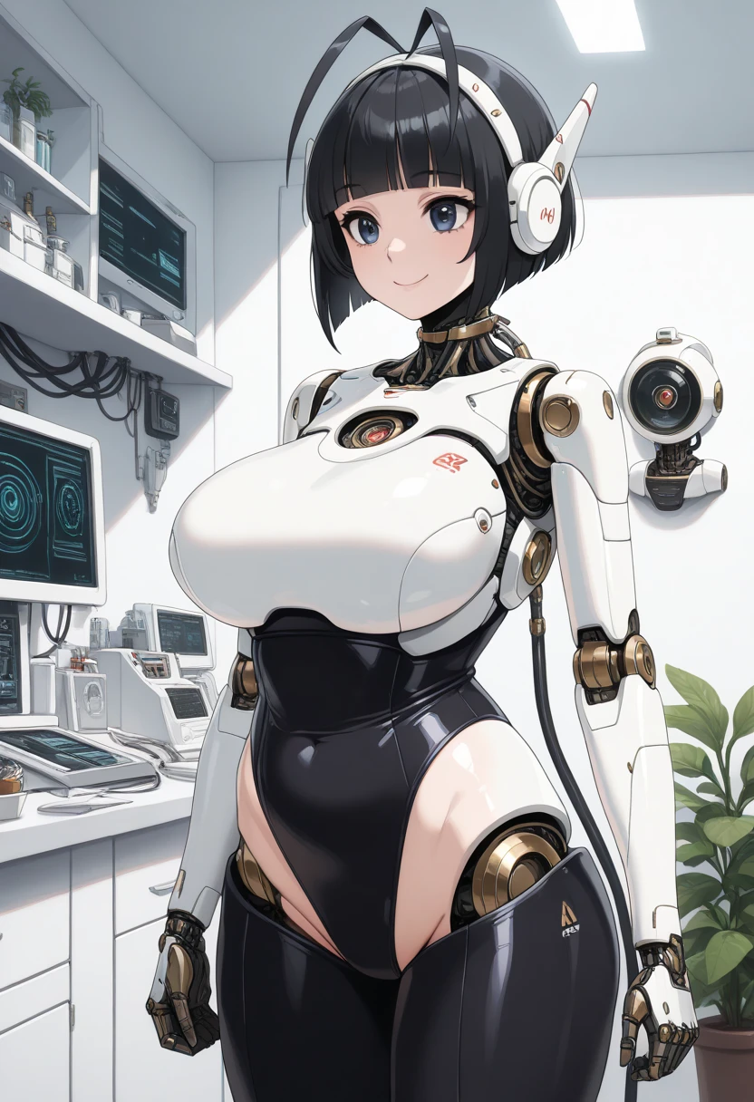 masterpiece, best quality, extremely detailed, (8K, 4K, Best Quality, hight resolution, 超A high resolution:1.1), ,8k portrait, Japaese android Girl,Plump , dark black leg cover,announcer,control panels,android,Droid,Mechanical Hand, Robot arms and legs, Black Robot Parts,Black hair,Mechanical body,Blunt bangs,perfect mechanical abdomen,White robotics parts,perfect robot woman,future laboratory,cyber pank,charging spot,laboratory,long tube,thick cable connected her neck,white ceramic body ,perfect mechanical body, white robot body,lod antenna,mechanical ear cover,android,robot humanoid,black sponge joints,The removable cover is in the groin,The connection port is in the groin,opened chest panel,access panel on the chest,opened breast panel,perfect mechanical breast,perfect machine body,perfect android body,She has repaired,assembly plant,dark black tights,dark black leggings,,smile