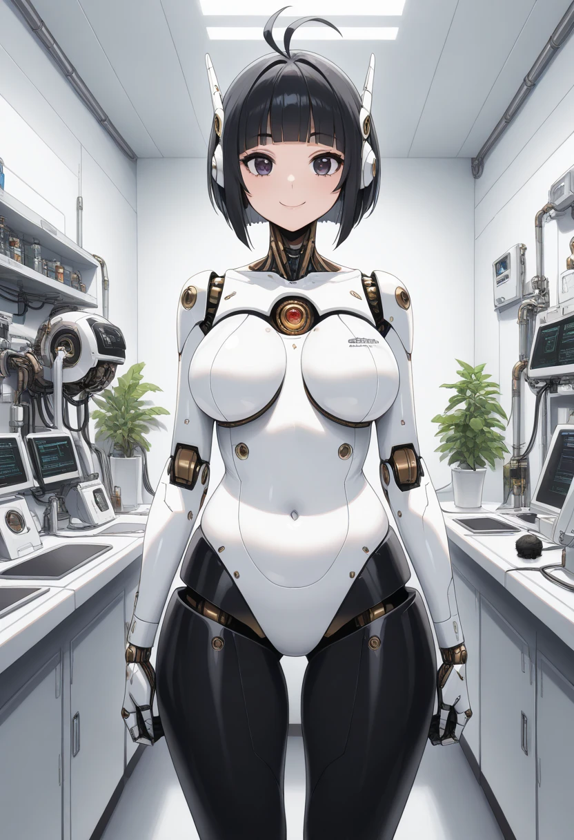 masterpiece, best quality, extremely detailed, (8K, 4K, Best Quality, hight resolution, 超A high resolution:1.1), ,8k portrait, Japaese android Girl,Plump , dark black leg cover,announcer,control panels,android,Droid,Mechanical Hand, Robot arms and legs, Black Robot Parts,Black hair,Mechanical body,Blunt bangs,perfect mechanical abdomen,White robotics parts,perfect robot woman,future laboratory,cyber pank,charging spot,laboratory,long tube,thick cable connected her neck,white ceramic body ,perfect mechanical body, white robot body,lod antenna,mechanical ear cover,android,robot humanoid,black sponge joints,The removable cover is in the groin,The connection port is in the groin,opened chest panel,access panel on the chest,opened breast panel,perfect mechanical breast,perfect machine body,perfect android body,She has repaired,assembly plant,dark black tights,dark black leggings,,smile