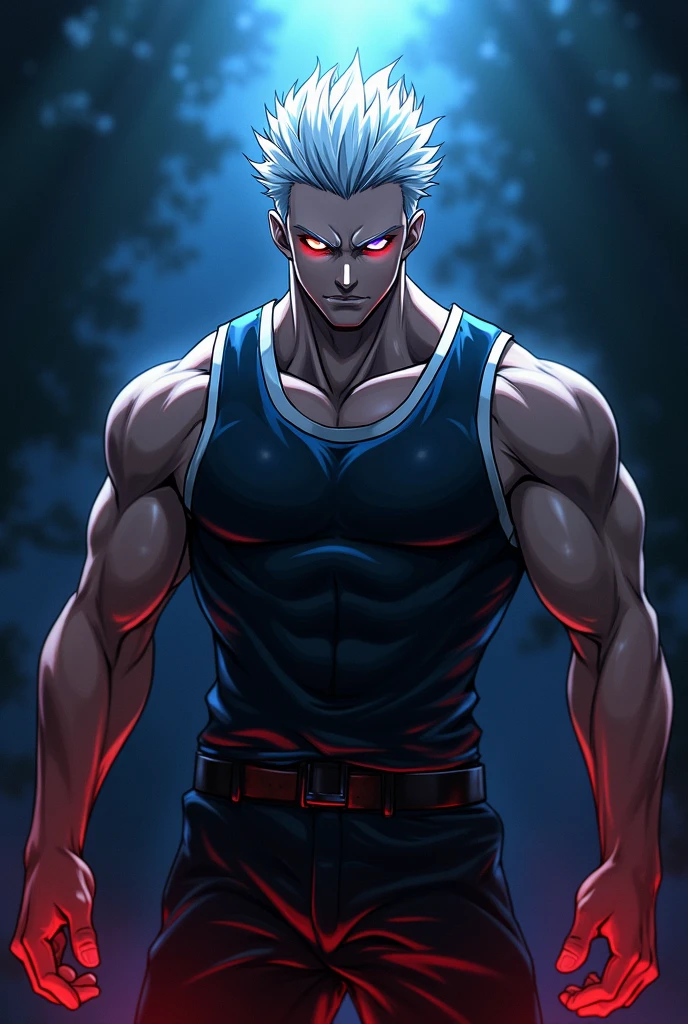 Digital artwork featuring a muscular male character with a glowing crimson head, spiky white hair, and piercing luminous red eyes in a highly detailed, anime-inspired, hyper-realistic style. The character is depicted in a side profile, showcasing a meticulously rendered, anatomically correct physique with prominent abs and chest muscles. He wears a torn, long-sleeved black shirt that exposes his upper body, with textured, sweat-glistened skin, and a pair of black pants with a white drawstring. The dark background features a gradient effect and small, glowing blue and white particles scattered around, adding a dynamic feel to the 4K, high-resolution image. On the left side, a stylized logo resembling an eye is emblazoned above the text 'Artvision1999' in a graffiti-like font, adding a burst of vibrancy to the overall design.