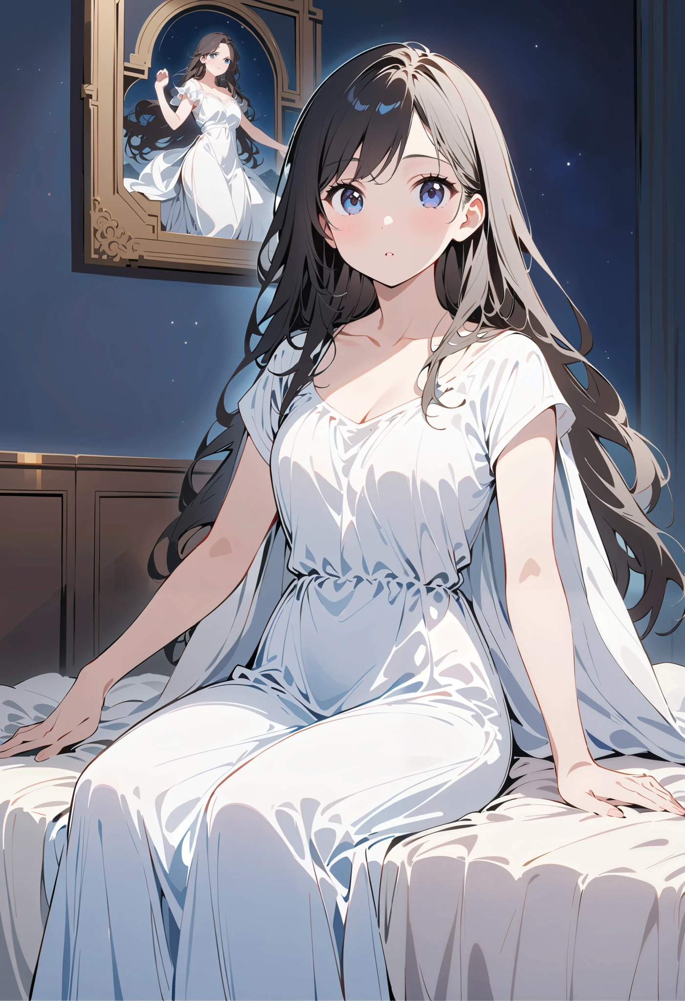 1 girl, full body portrait,classical, plain and unadorned ,night, from the room , Sit on the bed , Stretch your body ,Full,Black Hair , long hair, blue-black eyes , Pure white robe , with high slits on both sides , Show off your legs , Display of weapons , color ,Mature charm,Sweet and playful