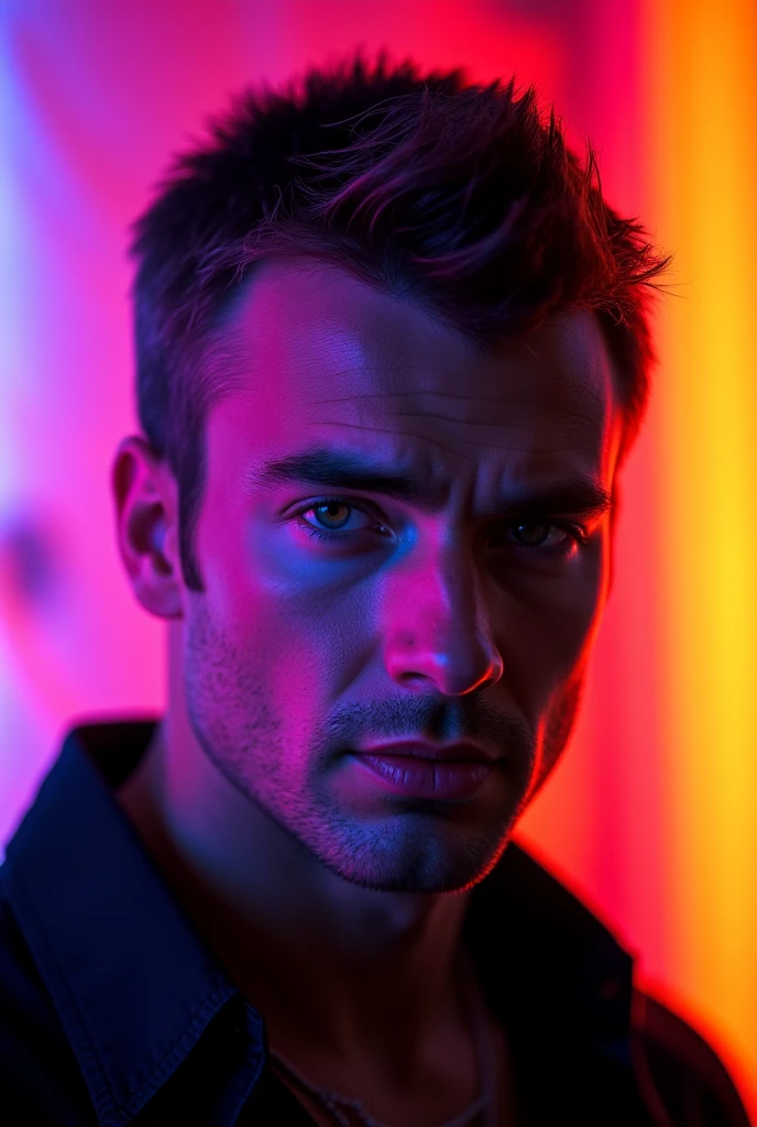 A photorealistic headshot of an attractive man middle aged man with a serious face, set against a vibrant neon background with swirling hues of cyan, magenta, and orange. The colored lights create bold, angular highlights along his jaw, with soft shadows adding depth to his face. The neon glow subtly reflects in his eyes, making his intense gaze even more captivating. The overall mood is modern, edgy, and electrifying.