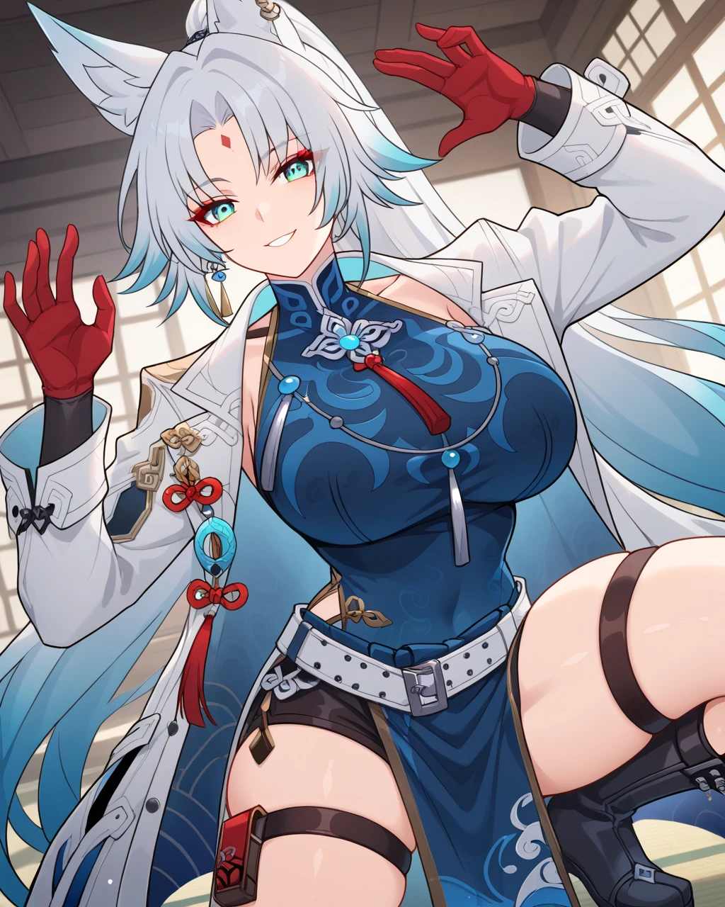 score_9, score_8_up, score_7_up, SH_HSR_Feixiao, Feixiao, 1girl, looking at viewer, red eyeliner, makeup, forehead mark, white hair, very long hair, gradient hair, blue hair tips, ponytail, aquamarine eyes, animal ears, white coat, open coat, long sleeves, belt, open clothes, huge breasts, dress, bangs, knee boots, thigh strap, parted bangs, black footwear, tassel, blue dress, tassel earrings, blue shirt, gloves, red fingers, chinese clothes, dojo, provocatively lewd pose, curvy body, wide hips, romance, expressive, firm butt, fit girl, sexual girl, seductive, perky , smirking, lewd pose, action angle, beautiful aesthetic, perspective, (nsfw:1.1), expressiveH, fighting pose with a dual swords,