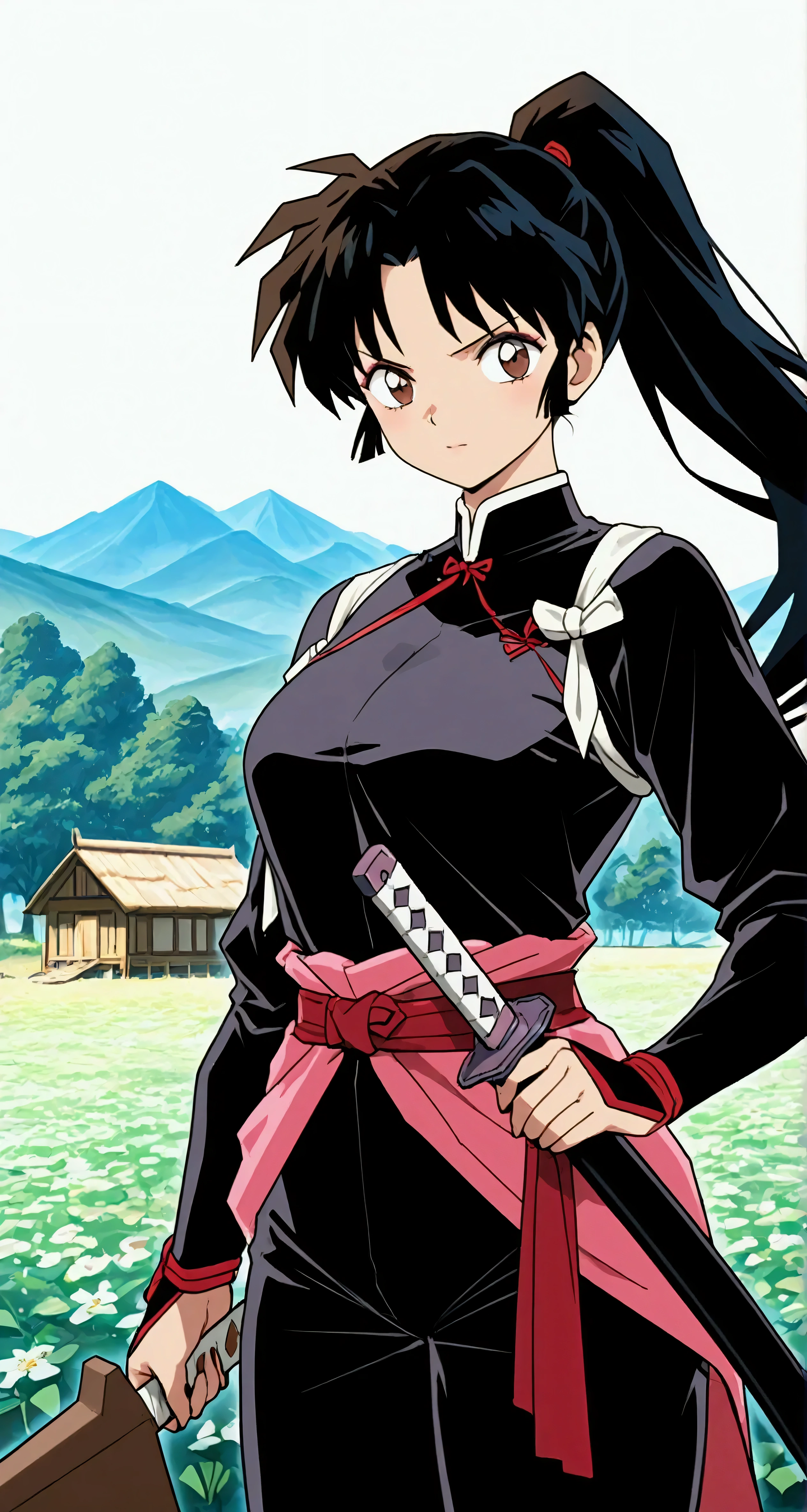 Masterpiece, top quality, high-resolution, ultra-detailed, advanced depth of field, 8k rendering, official anime style, and highly aesthetic. Full-body portrait of Sango from the Inuyasha series, a beautiful and strong woman with long dark hair tied into a high ponytail, sharp and determined brown eyes, and a serious yet confident expression. She is wearing her signature demon-slayer outfit: a black and pink bodysuit with armored accents on her shoulders and legs, a red sash tied around her waist, and a katana holstered at her side. She carries her iconic Hiraikotsu (giant boomerang) on her back. The background reflects the feudal-era Japan setting, featuring a rural village scene with traditional wooden houses, dense forests, and distant mountains. Cherry blossom trees add a serene touch, while a soft mist envelops the horizon for an atmospheric effect. Lighting highlights her figure and weapon, blending realism and anime-style aesthetics. Created with ultra-high resolution, vivid colors, and HD rendering for an immersive, lifelike depiction.
