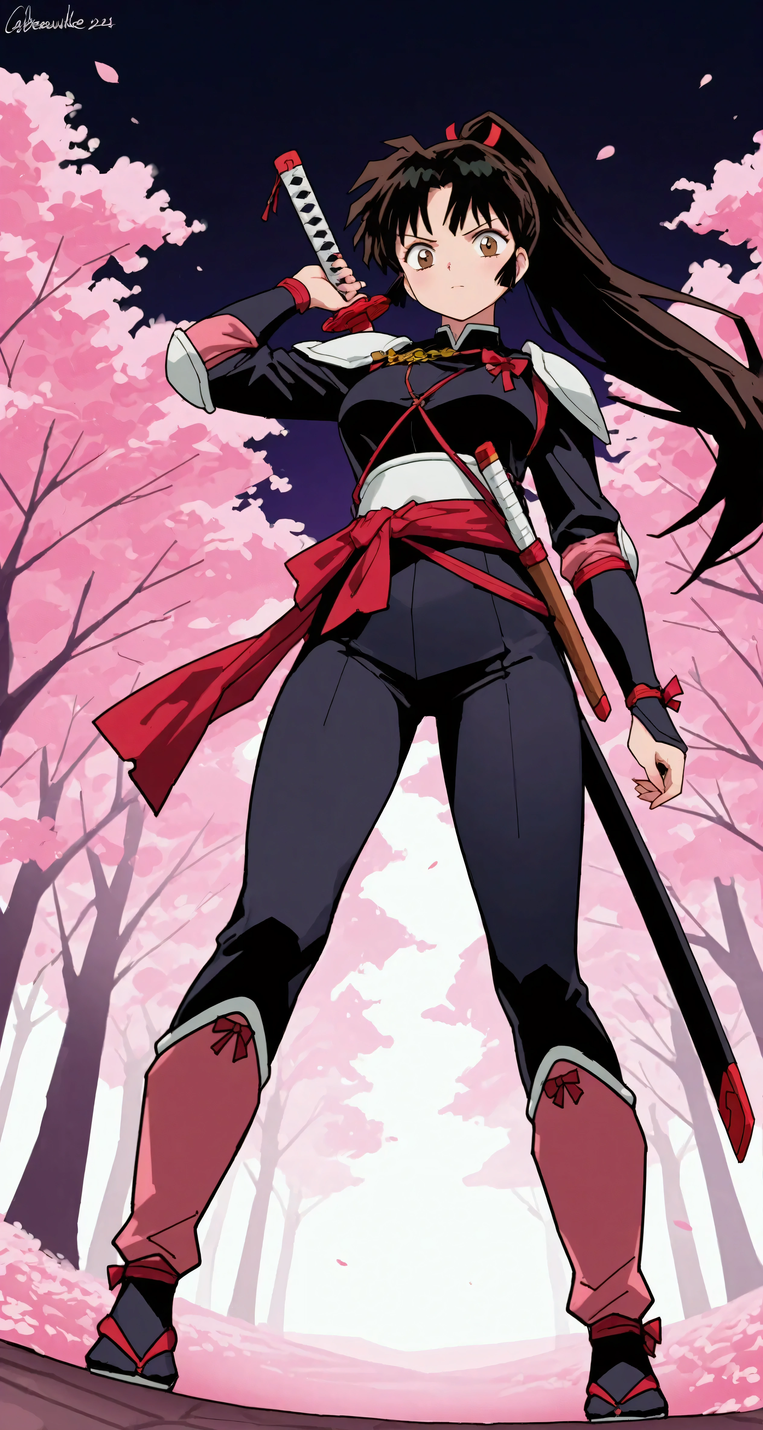 Masterpiece, top quality, high-resolution, ultra-detailed, advanced depth of field, 8k rendering, official anime style, and highly aesthetic. Full-body portrait of Sango from the Inuyasha series, a beautiful and strong woman with long dark hair tied into a high ponytail, sharp and determined brown eyes, and a serious yet confident expression. She is wearing her signature demon-slayer outfit: a black and pink bodysuit with armored accents on her shoulders and legs, a red sash tied around her waist, and a katana holstered at her side. She carries her iconic Hiraikotsu (giant boomerang) on her back. The background reflects the feudal-era Japan setting, featuring a rural village scene with traditional wooden houses, dense forests, and distant mountains. Cherry blossom trees add a serene touch, while a soft mist envelops the horizon for an atmospheric effect. Lighting highlights her figure and weapon, blending realism and anime-style aesthetics. Created with ultra-high resolution, vivid colors, and HD rendering for an immersive, lifelike depiction.
