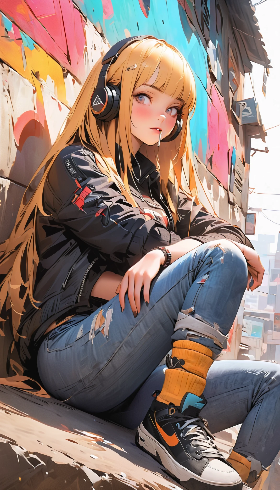   painting of a woman sitting on a wall smoking a cigarette  ,   wearing headphones this one with the feet resting on the headset with the legs crossed,  sneakers ,   yellow coat jacket with geometric patterns  ,   falls on the shoulders  ,   rolled jeans  ,   the lower part of the wall is peeled with cyan colors  ,   blue yellow and orange   ,  black sweatshirt with inscriptions  ,  Look slightly down  ,   with one hand on the cigarette  ,   straight hair with a stripe in the middle  ,  Shiny hair ,   cyberpunk art inspired by Yanjun Cheng  ,   trend in artstation  , street art,   artwork in the style of Guweiz  , guweiz, guweiz&#39;s Masterpiece , guweiz on ArtStation Pixiv, Cyberpunk streetwear, trending on cgstation, guweiz on pixiv artstation, Style Ross Tran, negativeXL_D