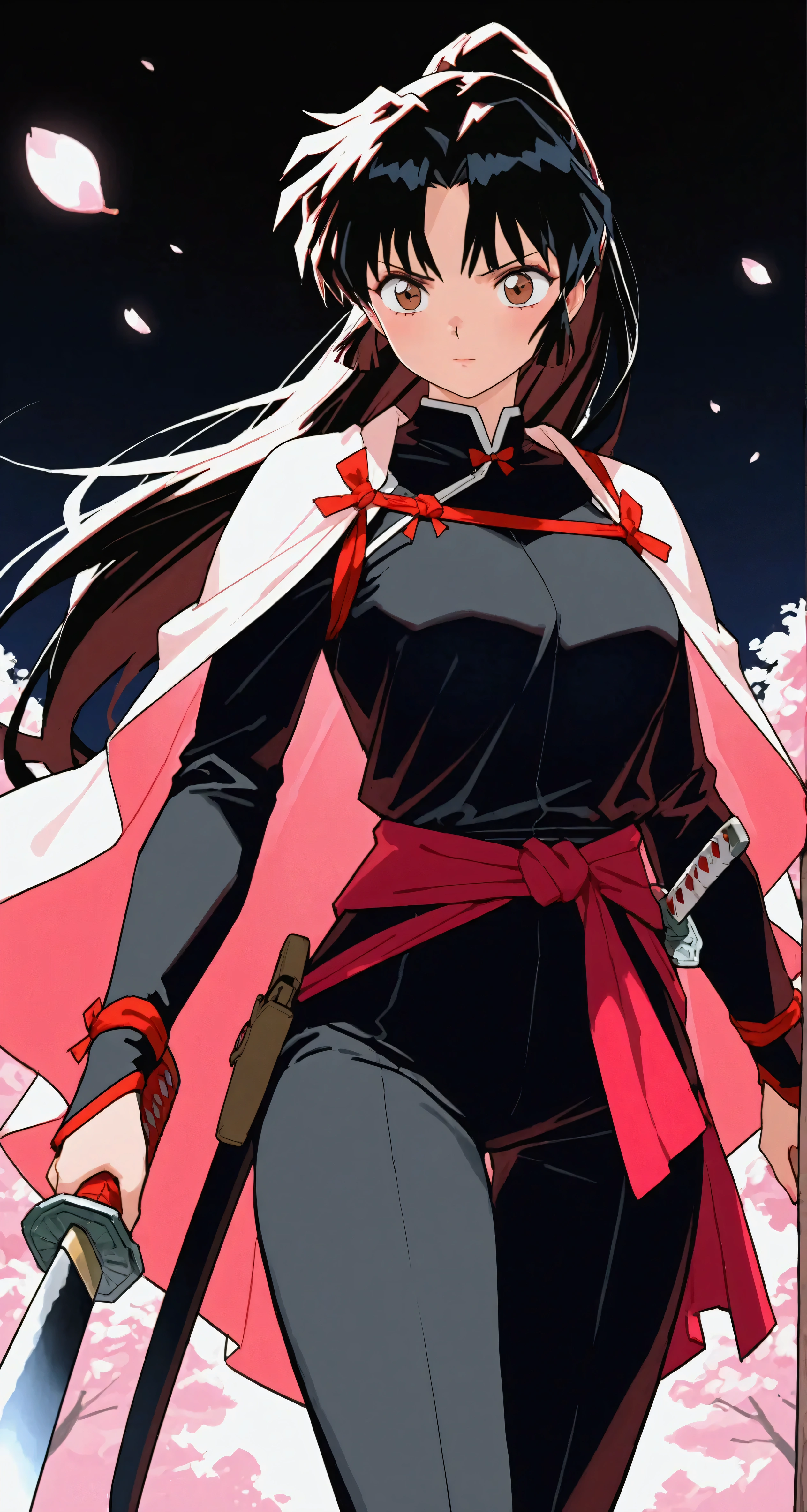 Masterpiece, top quality, high-resolution, ultra-detailed, advanced depth of field, 8k rendering, official anime style, and highly aesthetic. Full-body portrait of Sango from the Inuyasha series, a beautiful and strong woman with long dark hair tied into a high ponytail, sharp and determined brown eyes, and a serious yet confident expression. She is wearing her signature demon-slayer outfit: a black and pink bodysuit with armored accents on her shoulders and legs, a red sash tied around her waist, and a katana holstered at her side. She carries her iconic Hiraikotsu (giant boomerang) on her back. The background reflects the feudal-era Japan setting, featuring a rural village scene with traditional wooden houses, dense forests, and distant mountains. Cherry blossom trees add a serene touch, while a soft mist envelops the horizon for an atmospheric effect. Lighting highlights her figure and weapon, blending realism and anime-style aesthetics. Created with ultra-high resolution, vivid colors, and HD rendering for an immersive, lifelike depiction.
