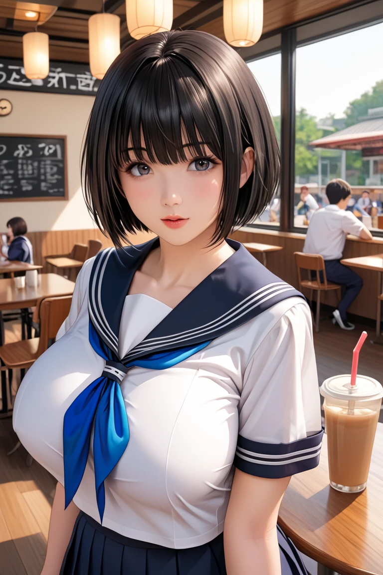 illustration, Japanese woman, black hair, short cut hair, straight hair, white school sailor uniform, short sleeve school sailor uniform, blue ribbon tie, covered huge breasts, braless, cafe, summer evening