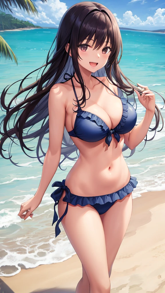 masterpiece, best quality, highres, Yuri Kotegawa, large breasts, frilled bikini, beach, standing, smile, open mouth,