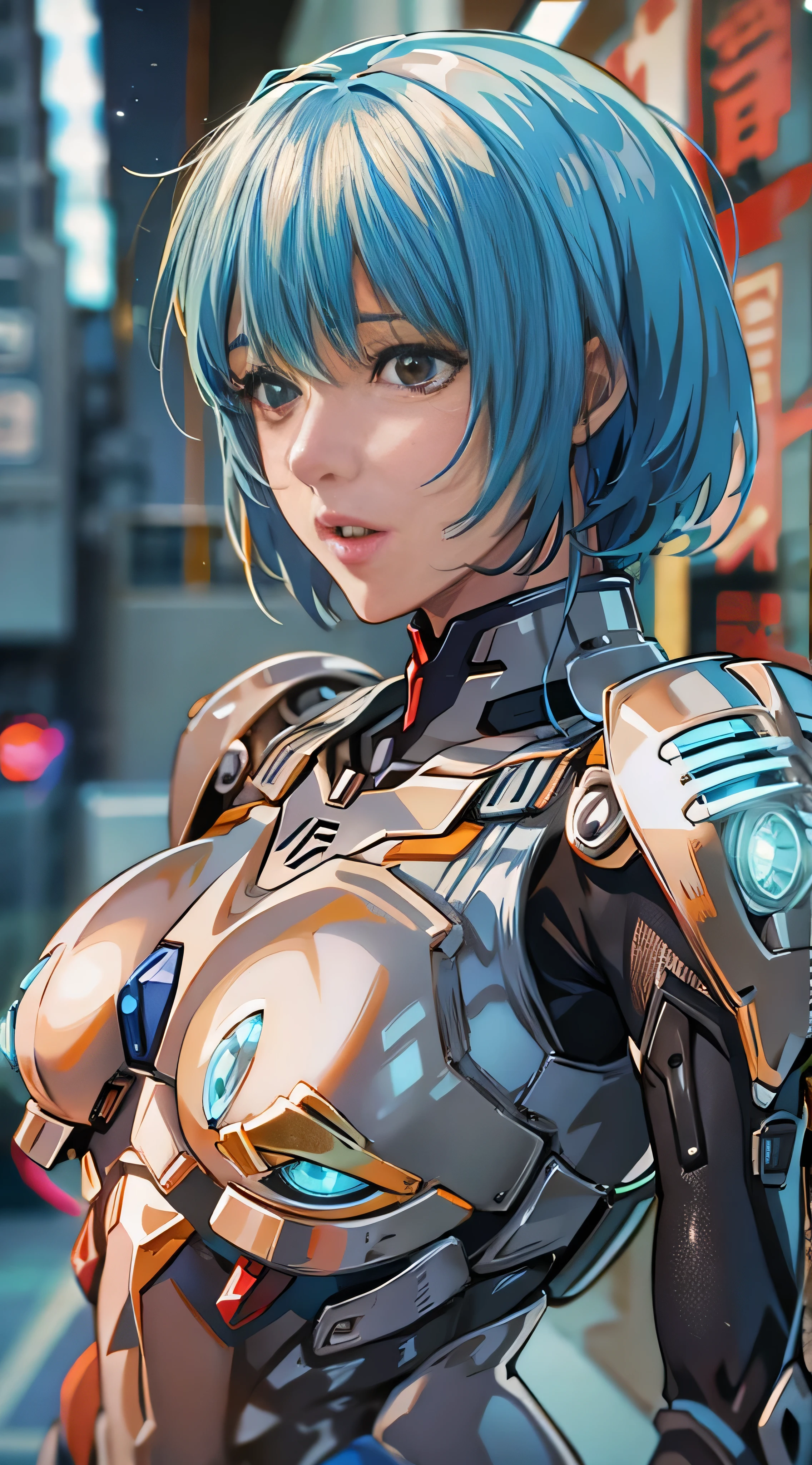  extremely realistic and detailed 、 blue hair、 tall beautiful woman wearing robot armor,　Detailed image of Rei Ayanami 、 Evangelion Unit 3 in the background 。