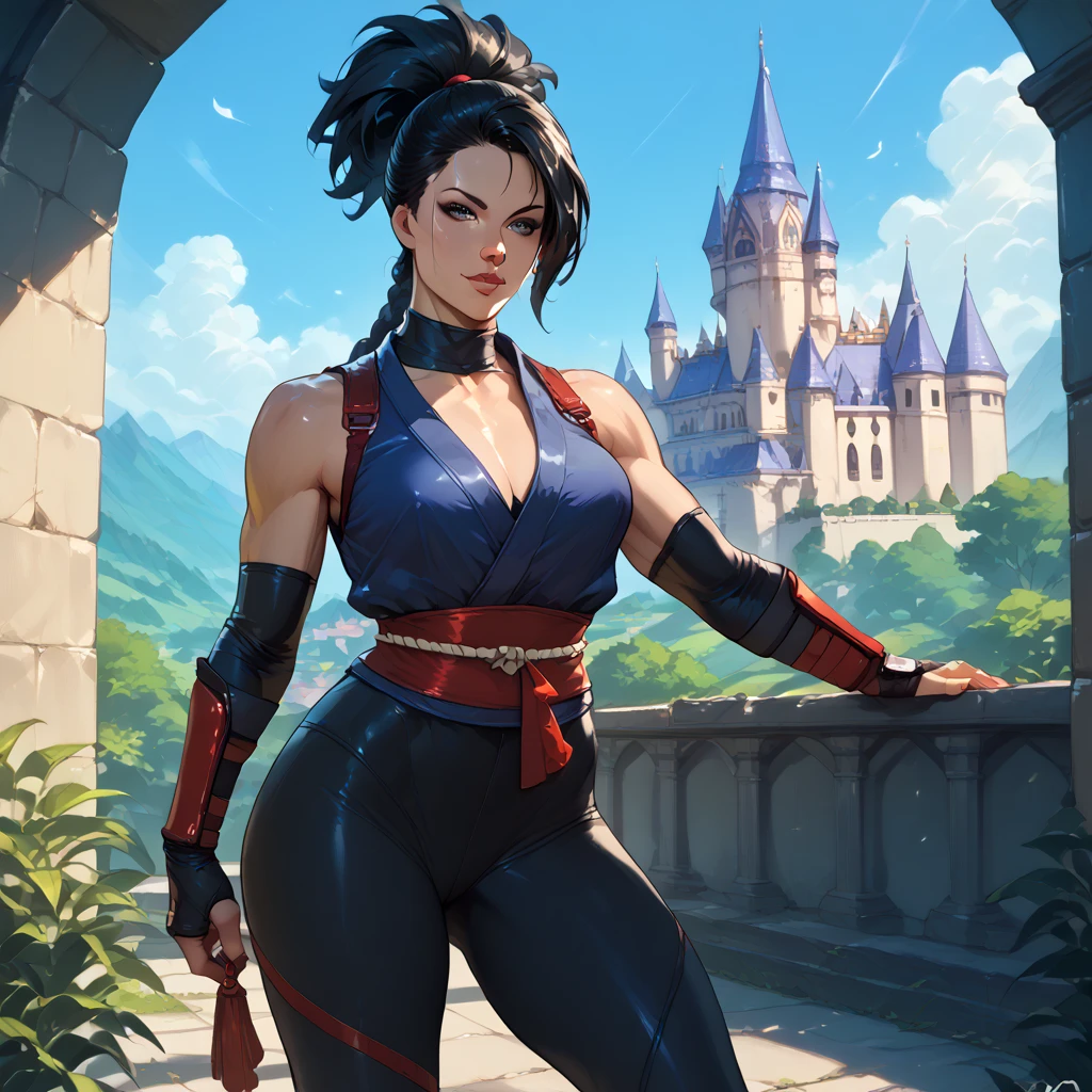 Ninja, 1 girl, solo,  black hair, Castle