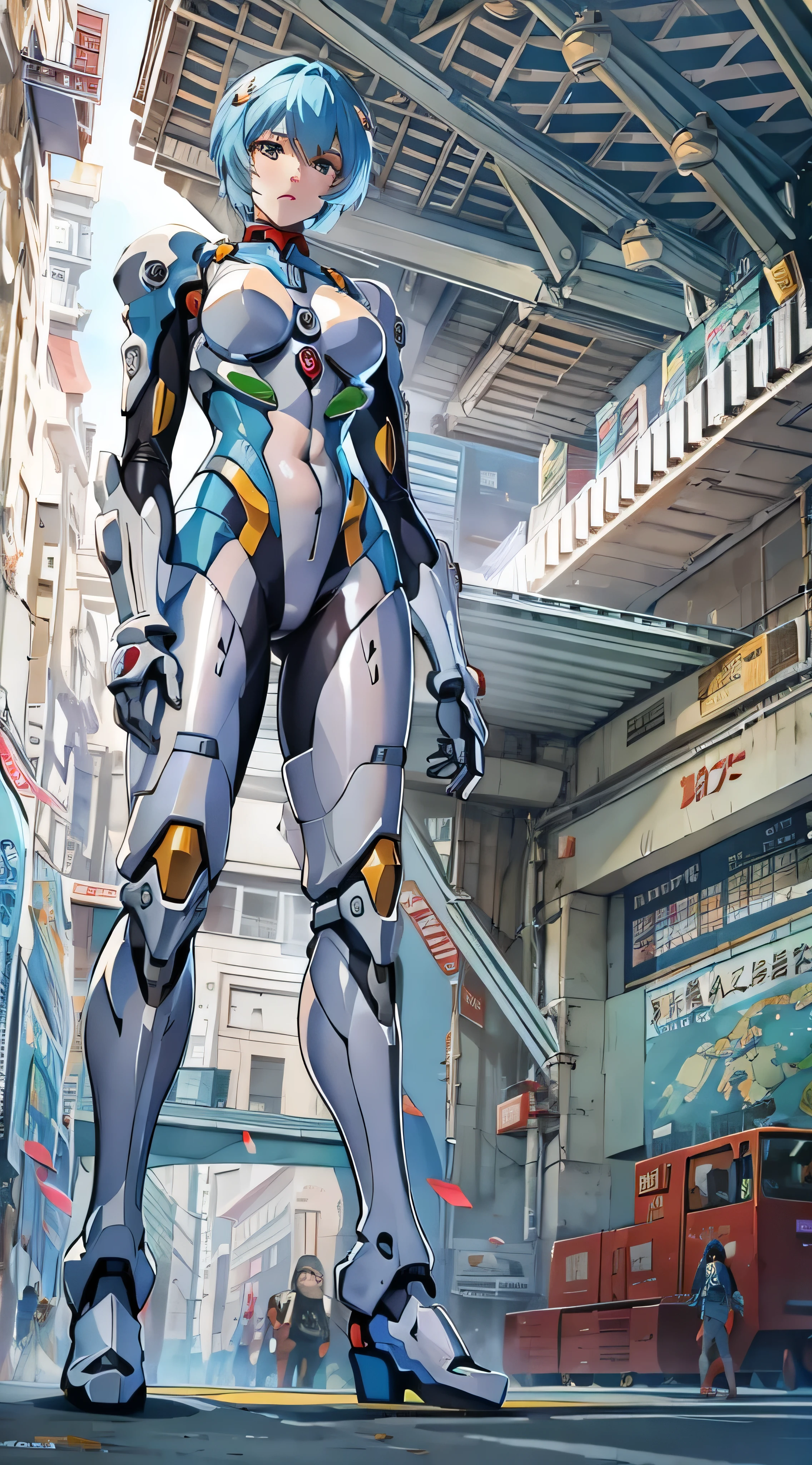  extremely realistic and detailed 、 blue hair、 tall beautiful woman wearing robot armor,　Detailed image of Rei Ayanami 、 Evangelion Unit 3 in the background 。