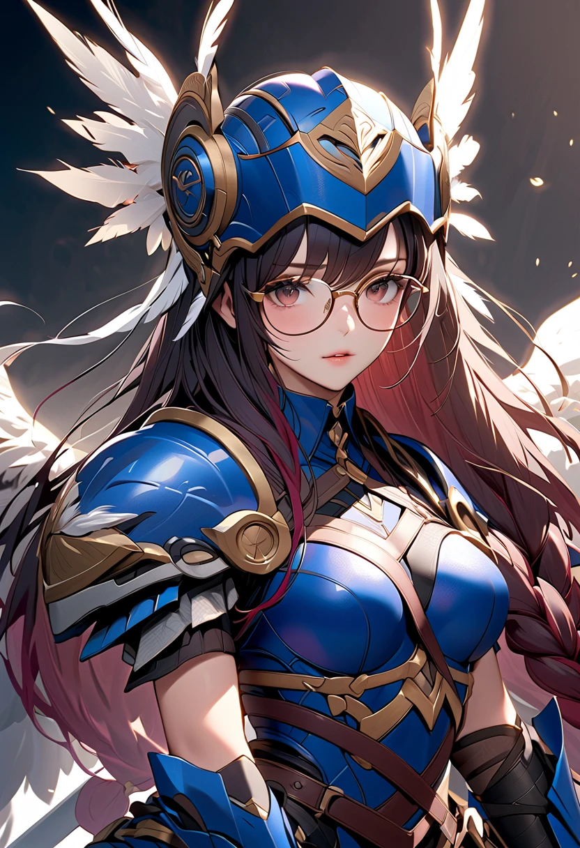  top quality、 unity 8k 壁紙 、32K、  Masterpiece 、  very detailed with crimson hair、  super high resolution 、  very detailed with crimson hairな顔、 RAW photos 、 professional、(((Valkyrie with dark hair )))、((( long hair held together in braids)))、The face of a girl who seems to be mature、 large droopy eyes、(((Glasses)))、dark blue armor 、Helmet with feathers、 Cowboy Shot 