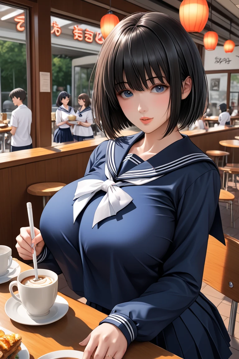 illustration, Japanese woman, black hair, short cut hair, straight hair, blue school sailor uniform, long sleeve school sailor uniform, white ribbon tie, covered huge breasts, braless, cafe, summer evening