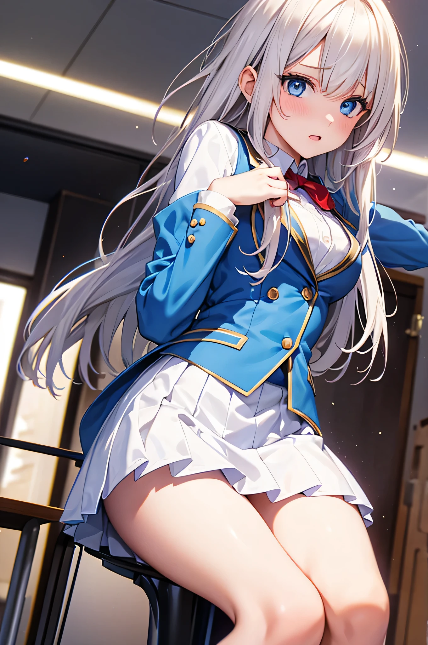 8k resolution,(( top quality)), super high resolution,Adult female, Alone, sexy, ( sad face), ( blue eyes), beautiful symmetrical face , (long white curled hair), blazer uniform, miniskirt, white panties, realistic :1.4, realistic :1.4,( Masterpiece :1.2), perfect eyes, perfect eyes, anatomically correct human body ,Perfect waist, Perfect Thighs , angle from below ,( open your mouth:1.1),Sigh,classroom