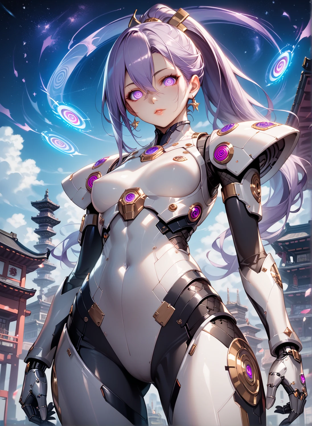 (Mind control), ( hypnotic state , ringed eyes, Lavender eyes), 1 mature queen,  small breasts, from below, looking at viewer, 
 ponytail hair, 
Purple Hair,  hair between eyes, 
 Bodysuit , Ancient Japanese architecture ,  starry sky ,  skyline
Mecamesme , Machinery Parts,  Cowboy Shot ,  Full Armor,  super robot joint,
masterpiece,  top quality,  ultra-detailed ,  place the image in the center , extremely detailed ,  intricate details ,  high definition ,  chibi emotional expression ,  extremely detailed  8k cg wallpaper,  Cowboy Shot ,  caustics, reflection,  ray tracing, Devil Theme, nebula, Dark Aura, Cyber Effects, anime style 