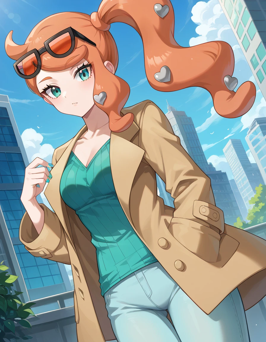 score_9, score_8_up, score_7_up, source_anime,
pokemonsonia, pokemonsonia, aqua eyes, heart, heart hair ornament, long hair, long sleeves, orange hair, side ponytail, swept bangs,
aqua footwear, aqua nails, aqua shirt, brown coat, brown jacket, coat, collarbone, eyewear on head, jacket, long sleeves, orange-tinted eyewear, pants, ribbed shirt, shirt, sunglasses, tinted eyewear,
outdoors, cityscape,
looking at viewer, cowboy shot, dutch angle,