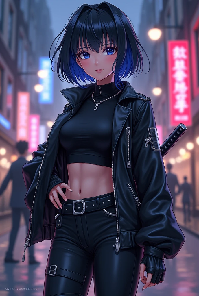 (masterpiece, best quality, 8K, Clear focus, Depth of Field, Best shadow, Perfect lighting, HDR, Realistic skin texture, Ultra detailed background), Anime style, Long angle shooting, ((Cyberpunk theme)), Solitary, 1 female, She is a mercenary, (Green Eyes, White skin, Black Hair,Ponytail, Necklace, Small Breasts, Slim, cosmetic, Eyeliner, luster), She is working on a future city in South Korea, Hold the Tech-katana firmly, night, Sky, Waning Moon, Wearing a nice tech jacket and leather pants.