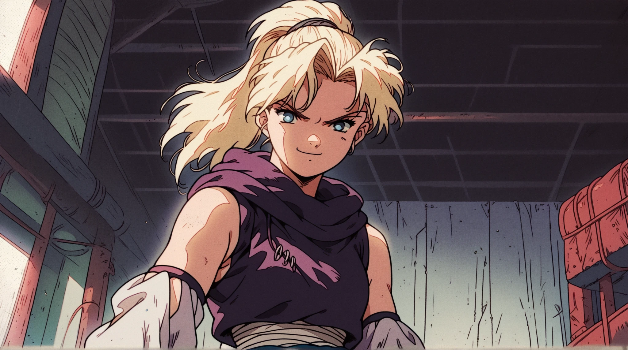 score_9, score_8_up, score_7_up, source_anime, ino yamanaka, long hair, blonde hair, ponytail, high ponytail, blue eyes,, bare shoulders, detached sleeves, bandages, bandaged leg, sleeveless, hoodie, hood down, crop top, purple crop top, pelvic curtain, detached sleeves,, indoors, smug, smile, looking at viewer, solo, hands on hips,, cowboy shot, dutch angle