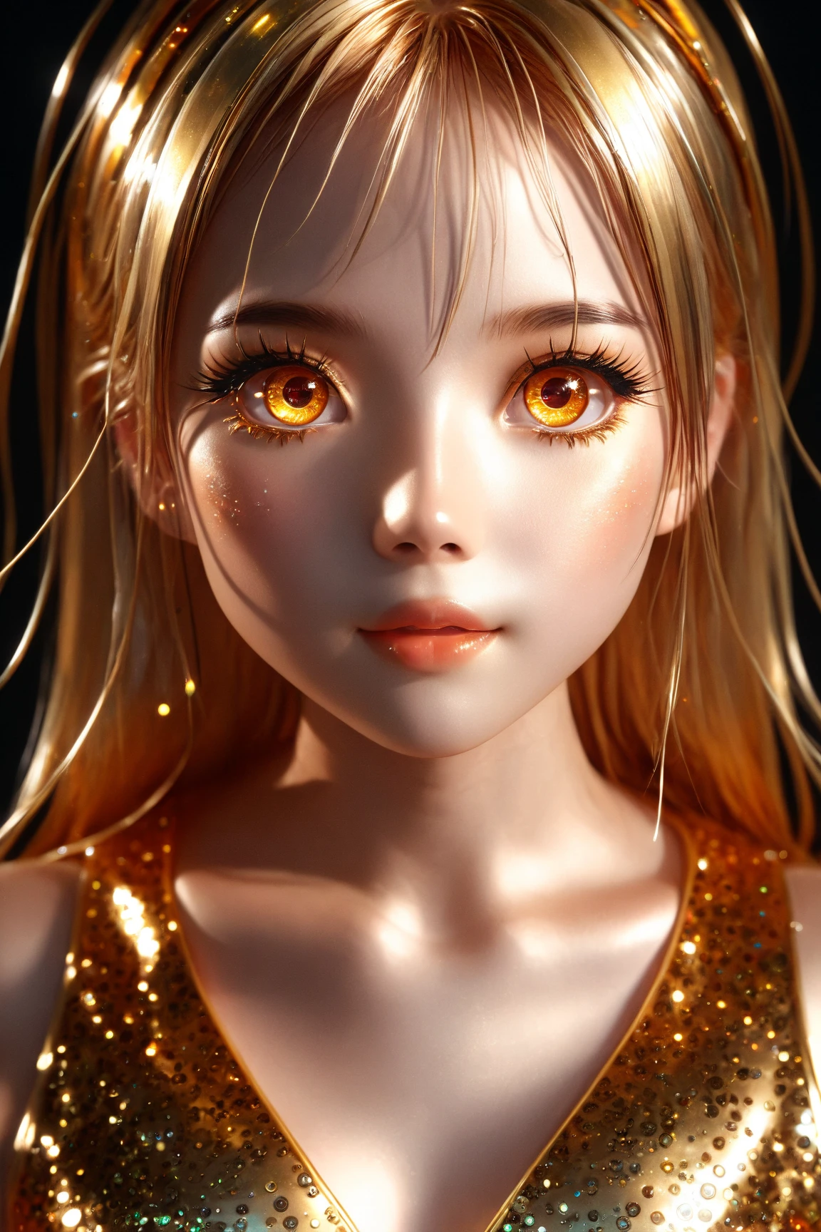 asian teen, yellow hair, orange eyes, very beautiful face, young, kawaii, realistic photo, high quality, perfect anatomy, cool beauty, long eyelashes, 8K, best quality, masterpiece、high resolution, very cute and beautiful, ultra-detailed face, detailed eyes, soft lighting, large breasts, cleavage, gold sequin micro bikini top, kpop superstar, manga, anime, hyperreal, ultra detailed, 16k, black background, gold dust, 