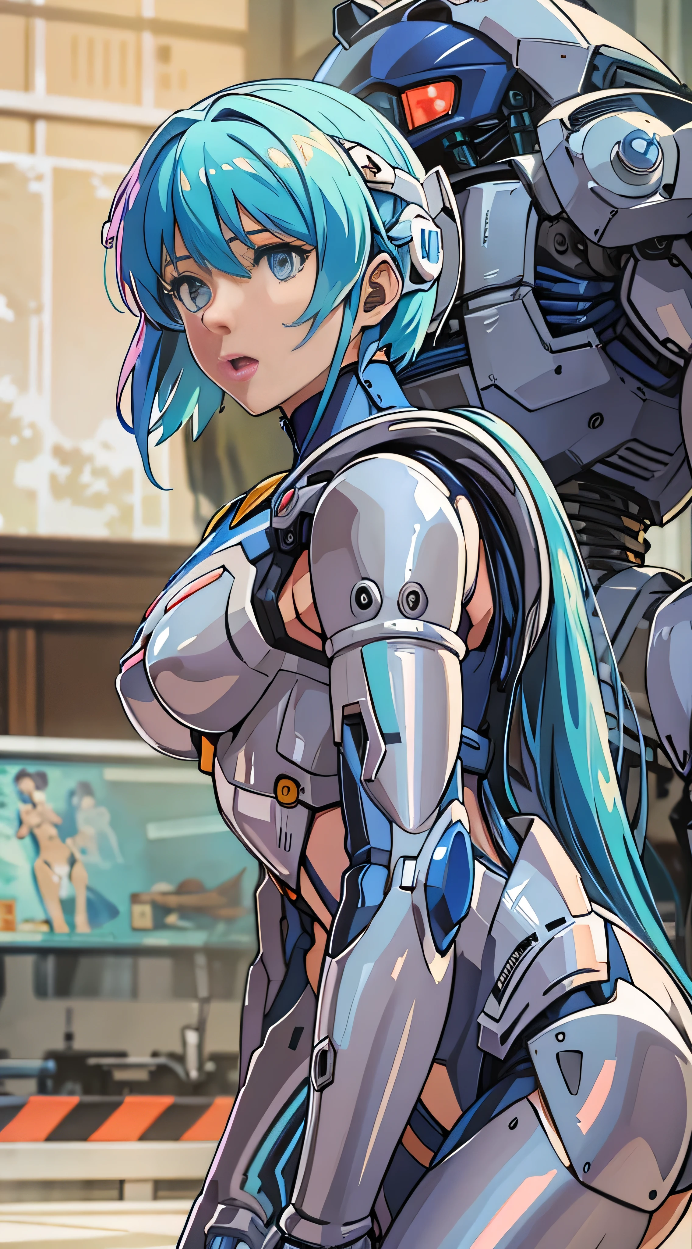  extremely realistic and detailed 、 blue hair、 tall beautiful woman wearing robot armor,　Detailed image of Rei Ayanami 、 Evangelion Unit 3 in the background 。