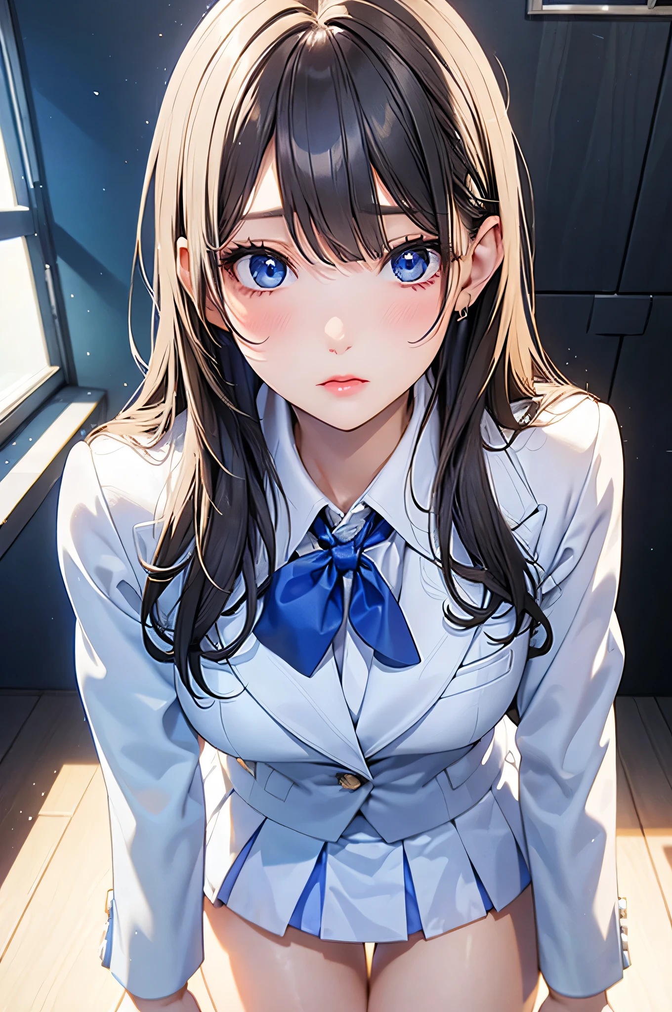 8k resolution,(( top quality)), super high resolution ,Adult female, Alone, sexy, ( sad face), ( blue eyes), beautiful symmetrical face , ( white shorthairs), blazer uniform, miniskirt, white panties, realistic :1.4, realistic :1.4,( Masterpiece :1.2), perfect eyes, perfect eyes, anatomically correct human body ,Perfect waist, Perfect Thighs , angle from below ,( open your mouth:1.1),Sigh,classroom