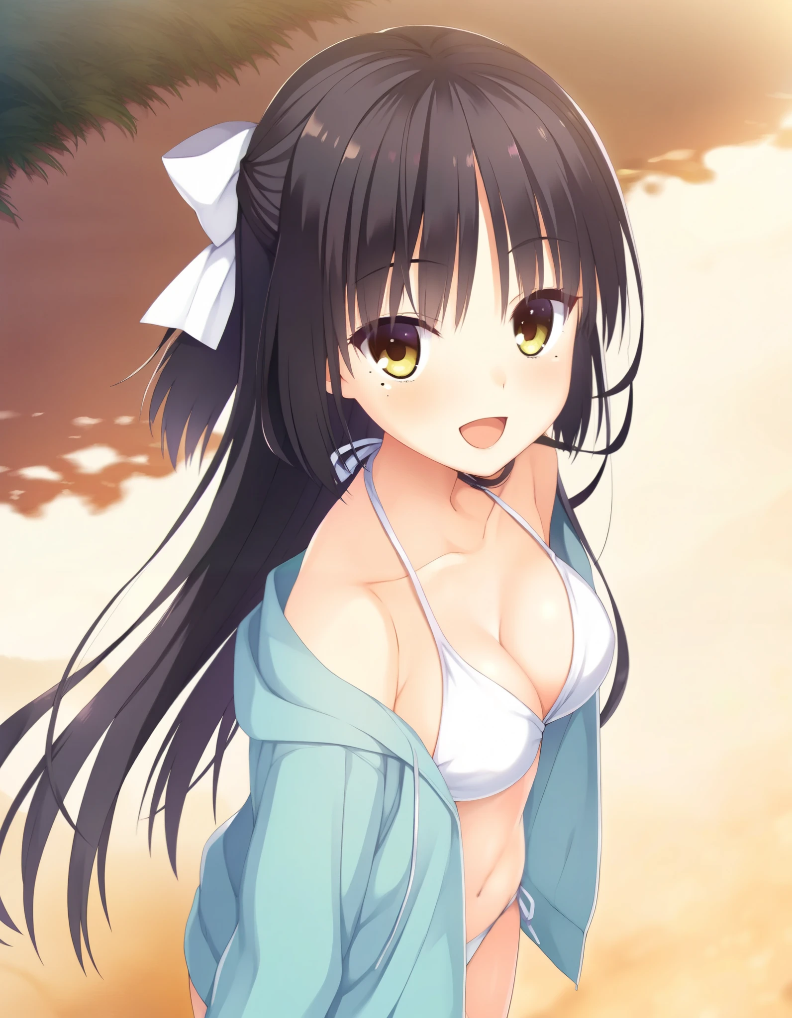 shiki natsume, Cafe Stella and Shinigami-cho , Muririn ,
1 girl, Alone, Cowboy Shot , happy , , I'm watching viewers ,
long hair , black hair, hair bow, bangs, yellow eyes , mole under eye,
white bikini 、 Beach
,
masterpiece , top quality, very aesthetic , absurd, Latest, Recent, 【contemporary,