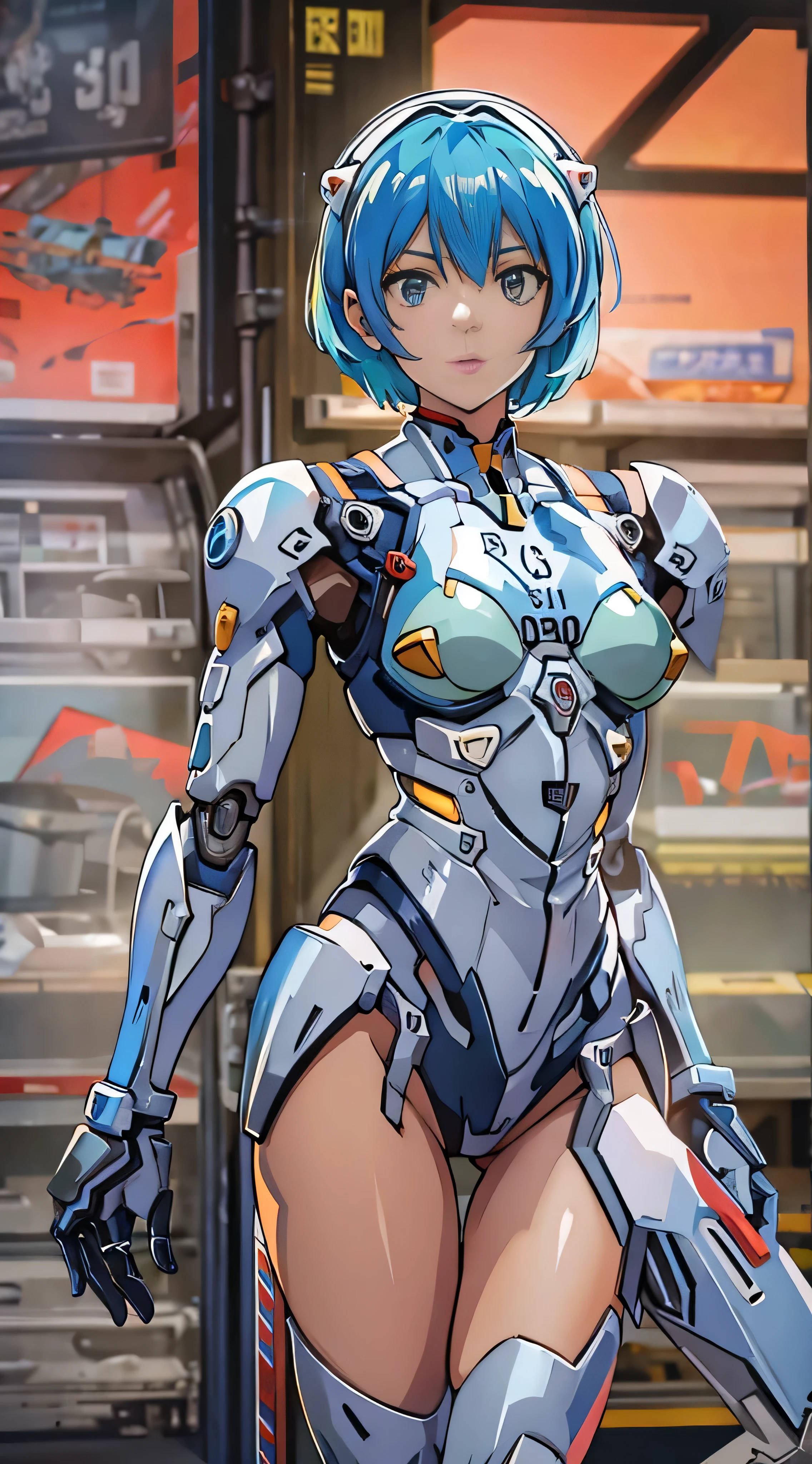  extremely realistic and detailed 、 blue hair、 tall beautiful woman wearing robot armor,　Detailed image of Rei Ayanami 、 Evangelion Unit 3 in the background 。