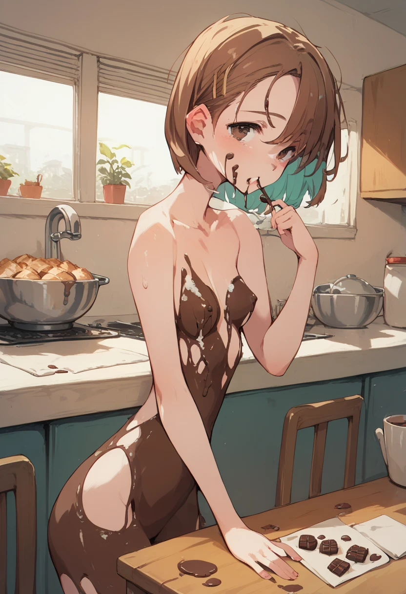  A large amount of melted chocolate is sprinkled on the naked girl's body,On the kitchen table,（   a very large amount of melted chocolate  ）,young teenage girl ,  anime style ,A body covered in chocolate  ,Chocolate-coated girl  