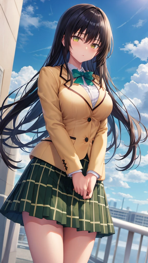 masterpiece, best quality, defYui, yellow blazer, long sleeves, green bowtie, plaid skirt, large breasts, furrowed brow, looking at viewer, blue sky, clouds, 