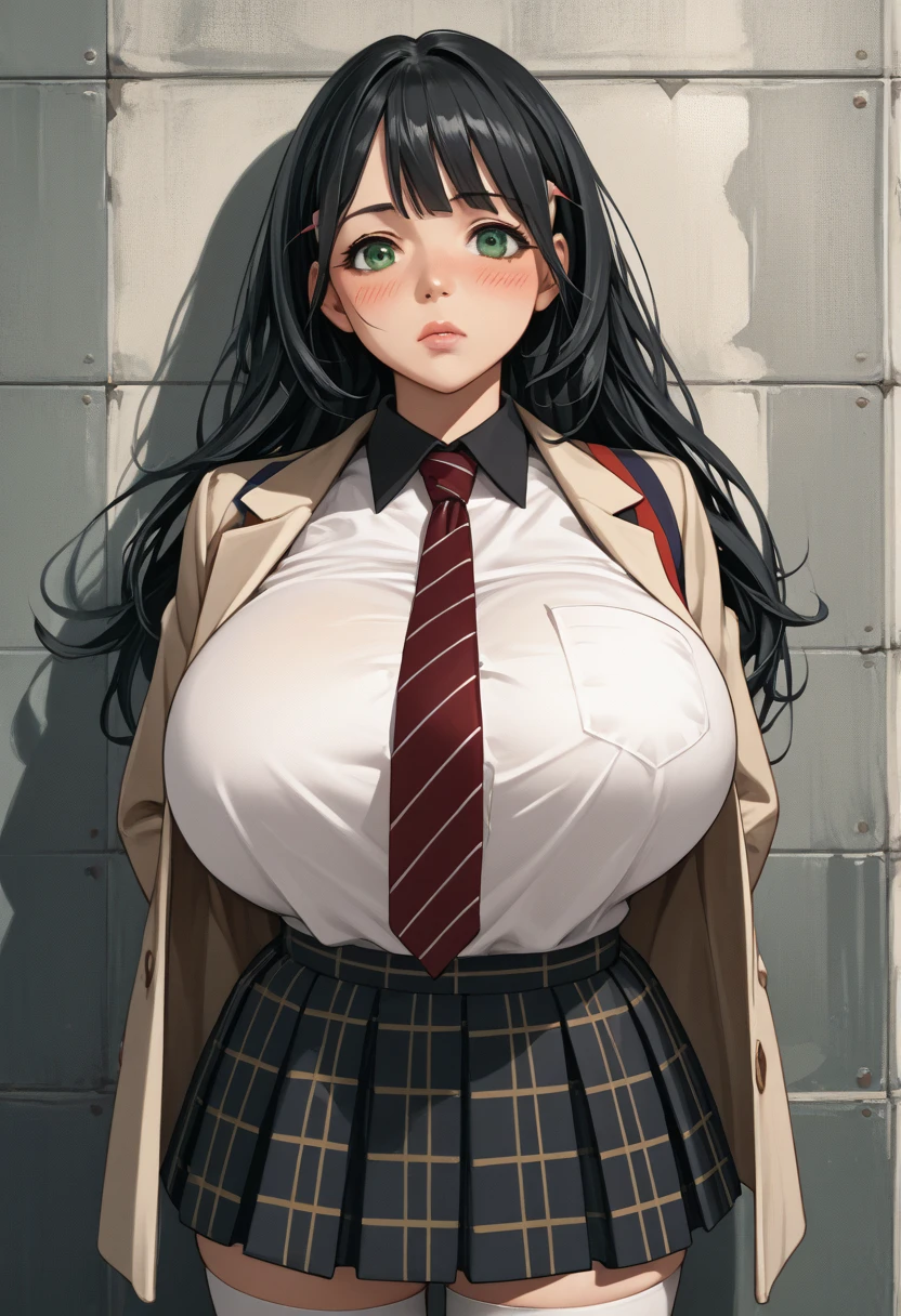 score_9, score_8_up, score_7_up, source_anime BREAK 1girl, solo, ryoukalt, green eyes, black hair, long hair, huge breasts, hairclip, striped necktie, jacket, white shirt, plaid skirt, white thighhighs, white gloves, shirt tucked in, tented shirt
, parted lips, blush, looking at viewer, bursting breasts, arms behind back, 