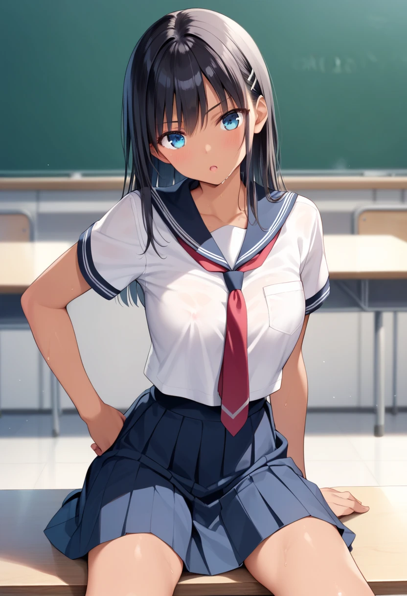 Naughty junior high school girls、Black Haired Beautiful Girl、Short-sleeved uniform、White blouse、Lightweight blouse、A little sheer、Collarbone in full view、Navy Skirt、Short skirt、Sexy thighs、Inner thighs、Clear body lines、Arms behind back、Looking up、School、Midsummer、Hot classroom、Watching from above
