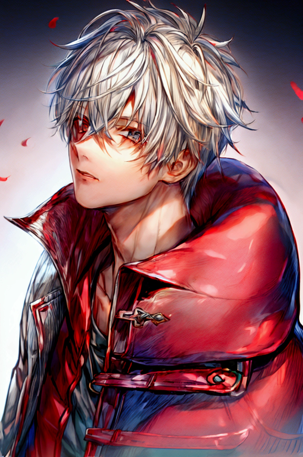 1 boy, white hair, short hair, gray eyes, red jacket