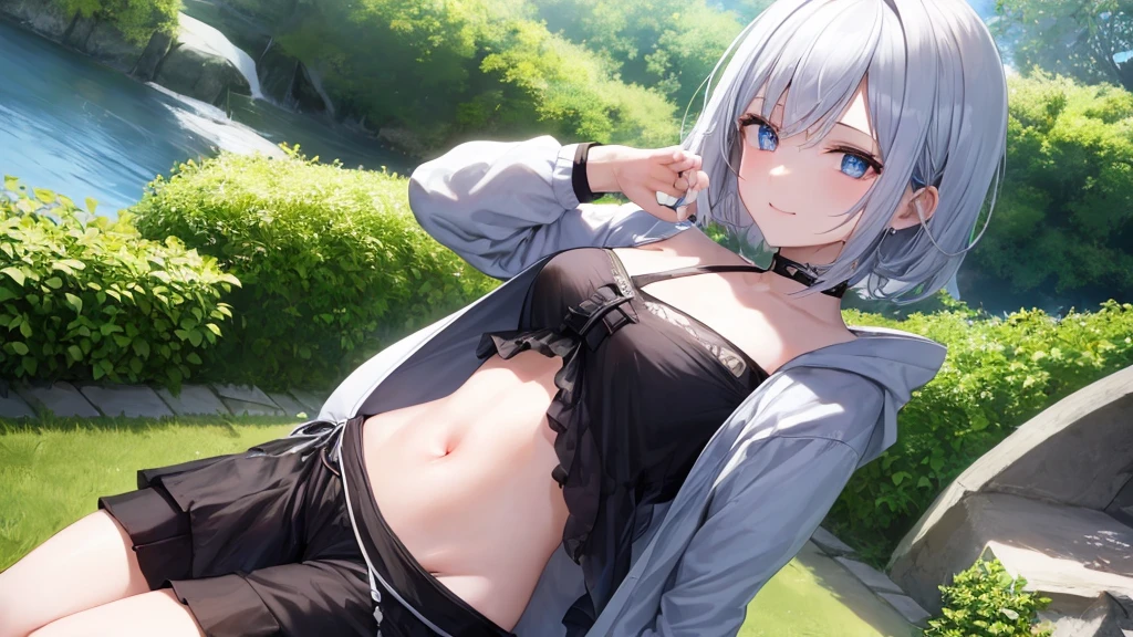 White anime girl in a field of short white hair smiling blushingly in black bikini