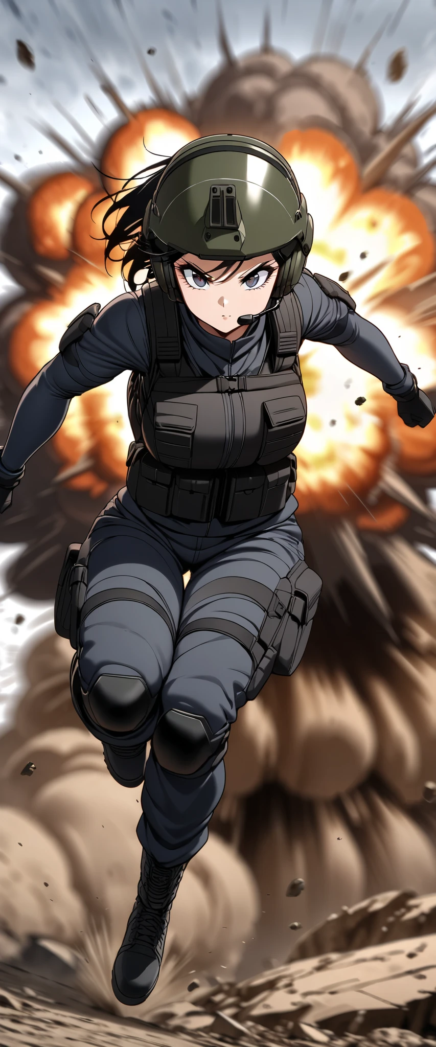 (masterpiece),(Highest quality),(High resolution),(Very detailed),One Woman,Japanese,Black Hair,Short Bob,Beautiful Eyes,Long eyelashes,Beautiful Hair,Beautiful Skin,strict,whole body,break(((Huge explosion behind woman))),Jump to escape the explosion,(Dynamic Movement),((Small machine gun)),SWAT Uniforms,Black bulletproof vest, Combat Boots,Black Tactical Forster,Tactical Headset,Tactical Helmet,(The background is the rubble of ruins),(((Background Blur)))