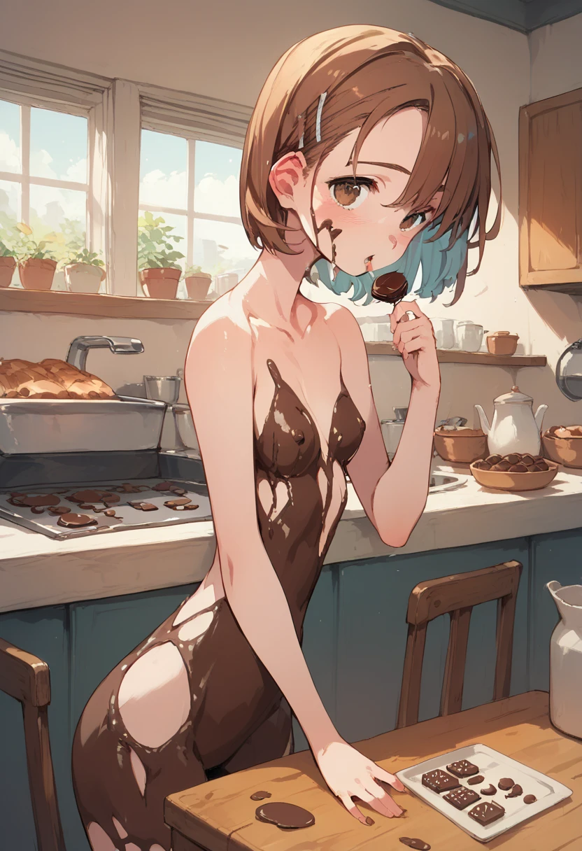 pt, A large amount of melted chocolate is sprinkled on the naked girl's body,On the kitchen table,（   a very large amount of melted chocolate  ）,young teenage girl ,  anime style ,A body covered in chocolate  ,Chocolate-coated girl  