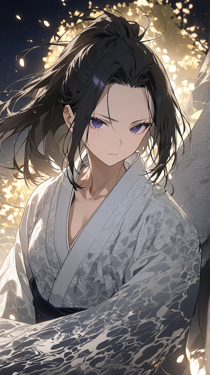  top quality, masterpiece,  high definition , masterpiece, 
Eight million,  1 girl,  close-up ,  dark eyes,  black hair,   ponytail,  long hair,  's hair was pulled back by fajyobore , , Alone, looking at viewer,竹林と無数のKatanaの背景 , in the middle of the night,Up to the thighs, dark eyes, Slender,Slightly toned body ,Up to the knees,少し大きなchest
口を少し開ける, chest,A little glare, under the kimono
Open the cloud pattern kimono ,Samurai girl,身体中にKatanaを身につけている,空中にKatanaを複数生成している, 複数のKatanaが空中に浮いている,Katana(鞘から抜いたbladeがむき出しの状態),身体から無数のbladeが生えている,体から生えた無数のbladeは着物を突破って出ている,blade(Katanaの刀身),全身からbladeが突き出ている
