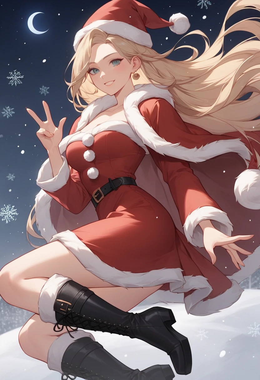 (Masterpiece, top quality, high resolution, highly detailed CG unified 8K wallpaper)), (huge stunning goddess shot, very hot and sexy, jaw-dropping beauty, perfect proportions, beautiful body, slim body beauty:1.3), (random poses, dynamic composition), Christmas, Santa Claus, (woman in Santa Claus costume, staring at viewer, red coat and skirt with white fur trim, long sleeves, thick black belt, gold buckle, black leather boots, Santa Claus hat, smiling shyly:1.3), (beautiful hands, correct fingers, 4 fingers, 1 thumb), The city at night with snow falling and twinkling illuminations