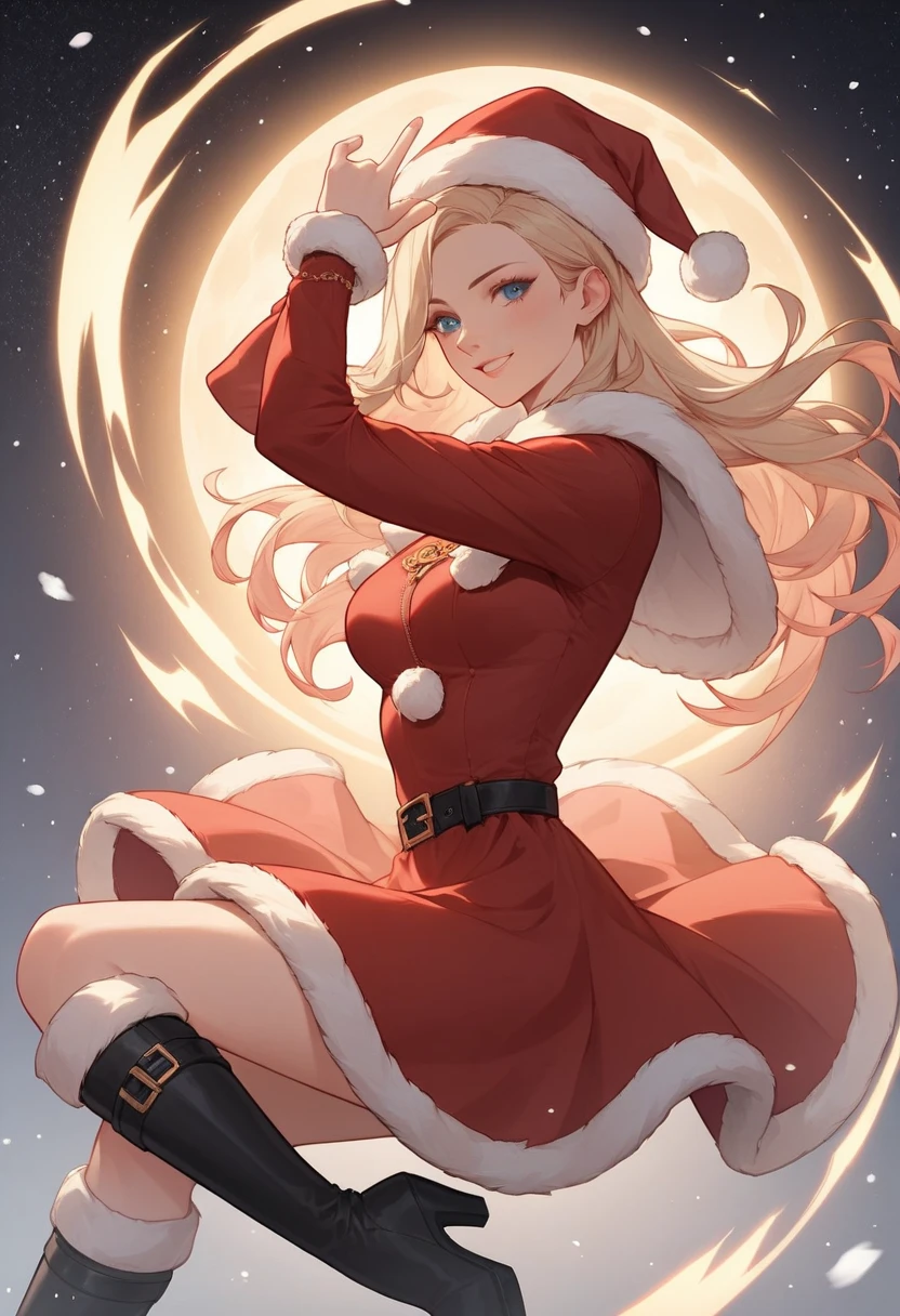 (Masterpiece, top quality, high resolution, highly detailed CG unified 8K wallpaper)), (huge stunning goddess shot, very hot and sexy, jaw-dropping beauty, perfect proportions, beautiful body, slim body beauty:1.3), (random poses, dynamic composition), Christmas, Santa Claus, (woman in Santa Claus costume, staring at viewer, red coat and skirt with white fur trim, long sleeves, thick black belt, gold buckle, black leather boots, Santa Claus hat, smiling shyly:1.3), (beautiful hands, correct fingers, 4 fingers, 1 thumb), The city at night with snow falling and twinkling illuminations